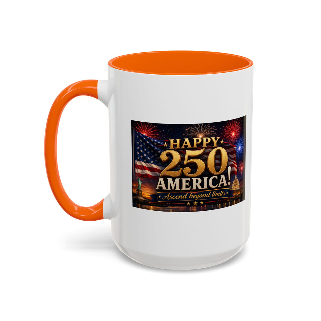Happy 250 America Accent Coffee Mug — Patriotic Fireworks & Flag 11/15oz
