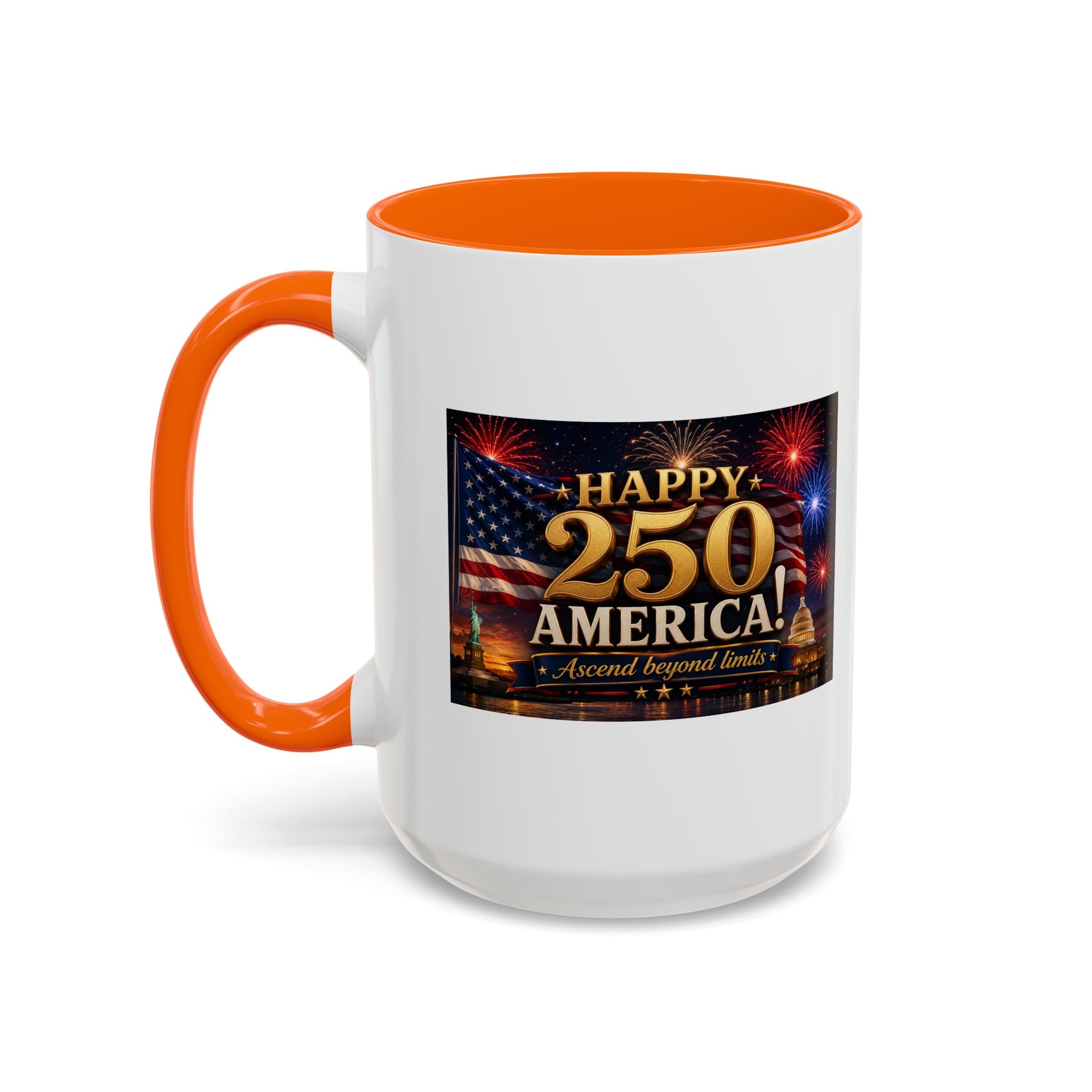 Happy 250 America Accent Coffee Mug — Patriotic Fireworks & Flag 11/15oz
