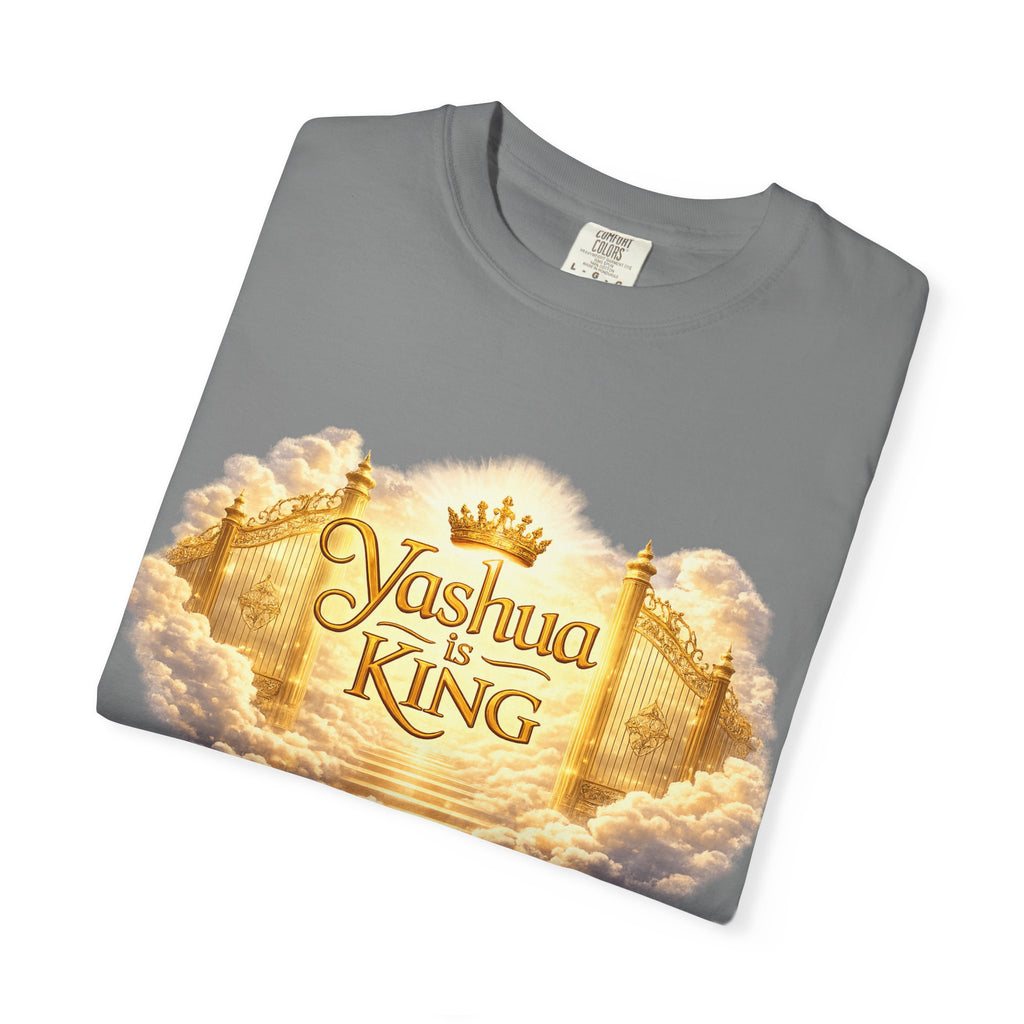 Yashua Is King T‑Shirt — Heavenly Gold Faith Tee (Back: "Ascend beyond limits")