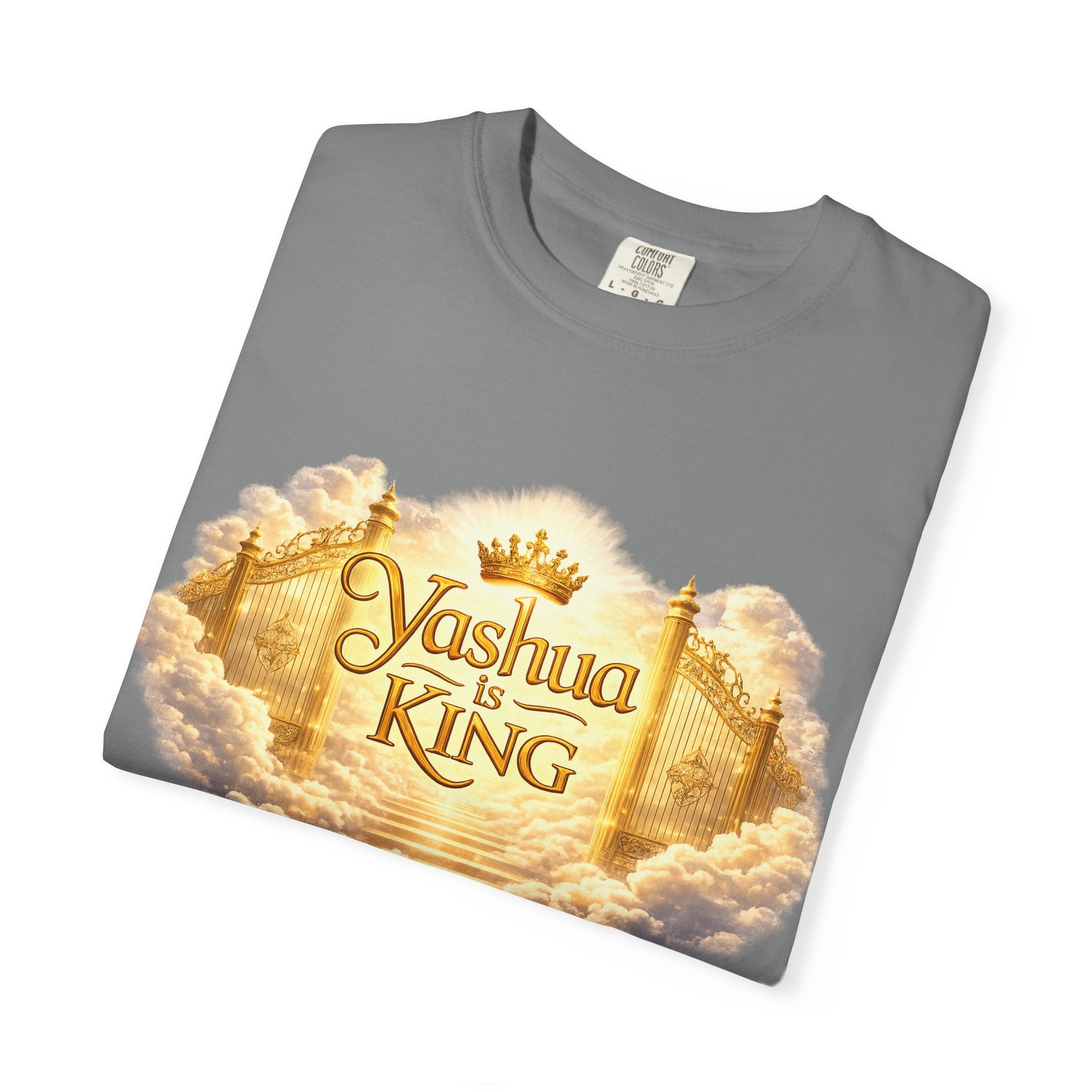 Yashua Is King T‑Shirt — Heavenly Gold Faith Tee (Back: "Ascend beyond limits")