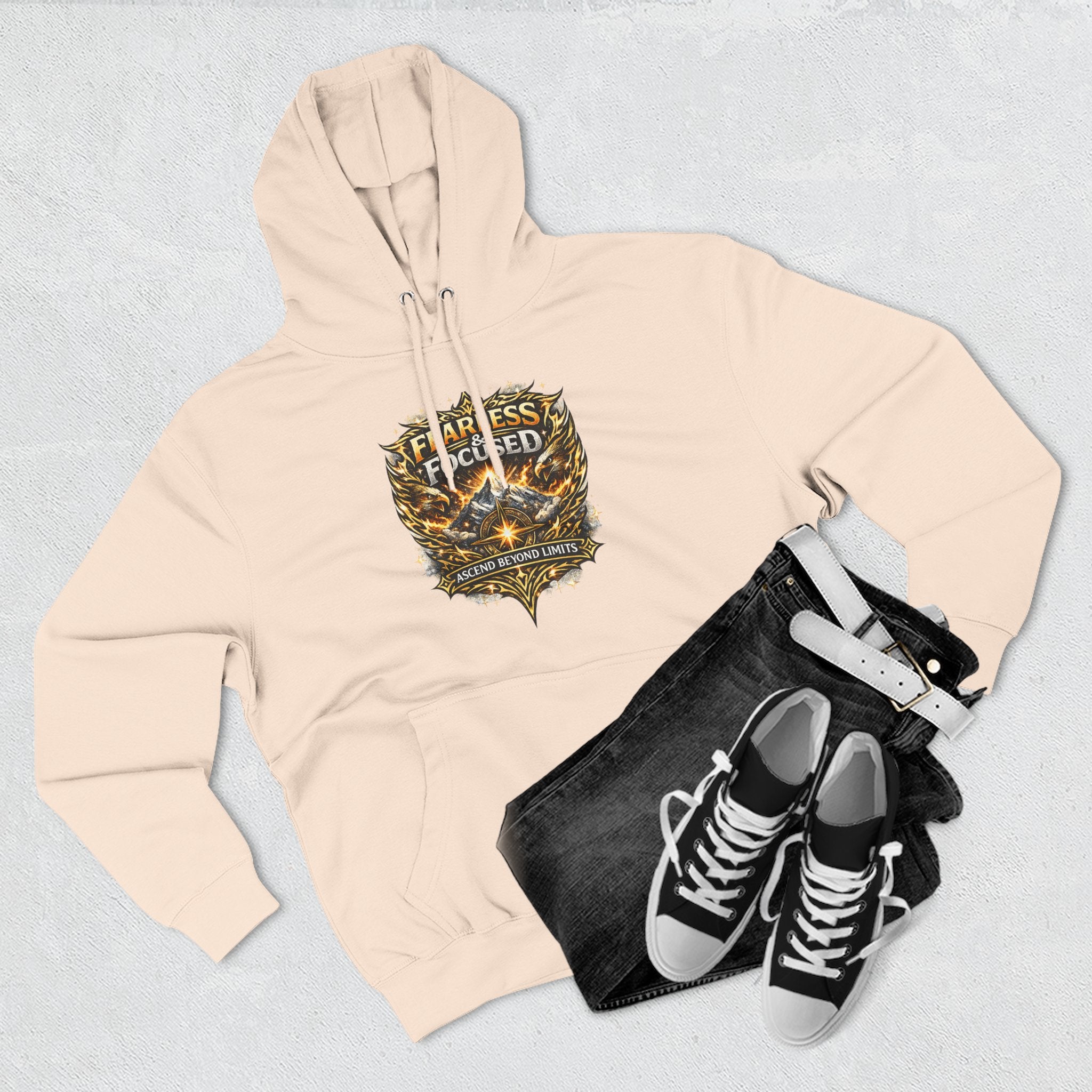 Fearless & Focused Shield Hoodie — Motivational Graphic Pullover