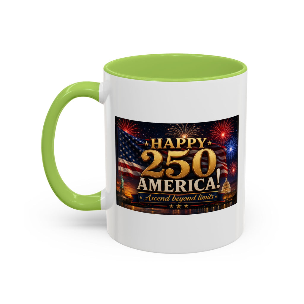 Happy 250 America Accent Coffee Mug — Patriotic Fireworks & Flag 11/15oz