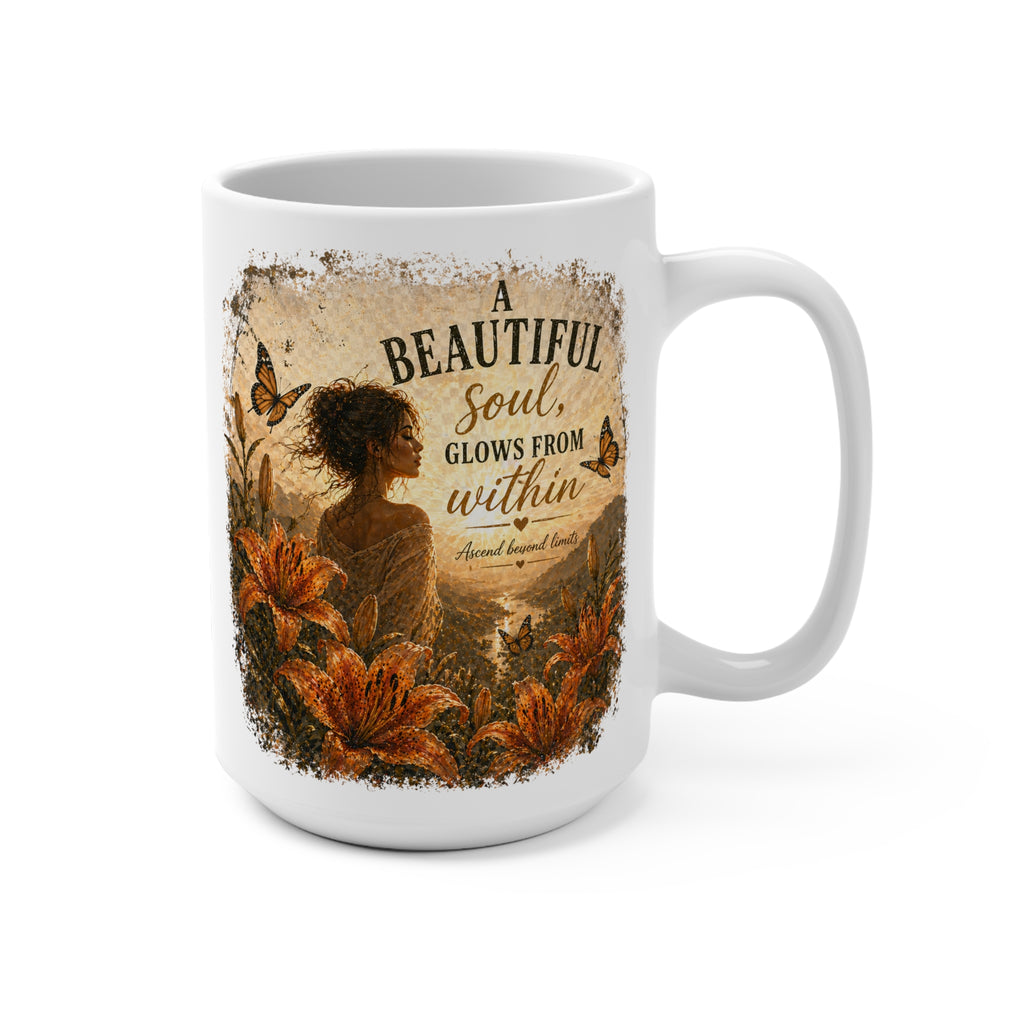 Inspirational 15oz Mug — "A Beautiful Soul Glows From Within" Floral Design