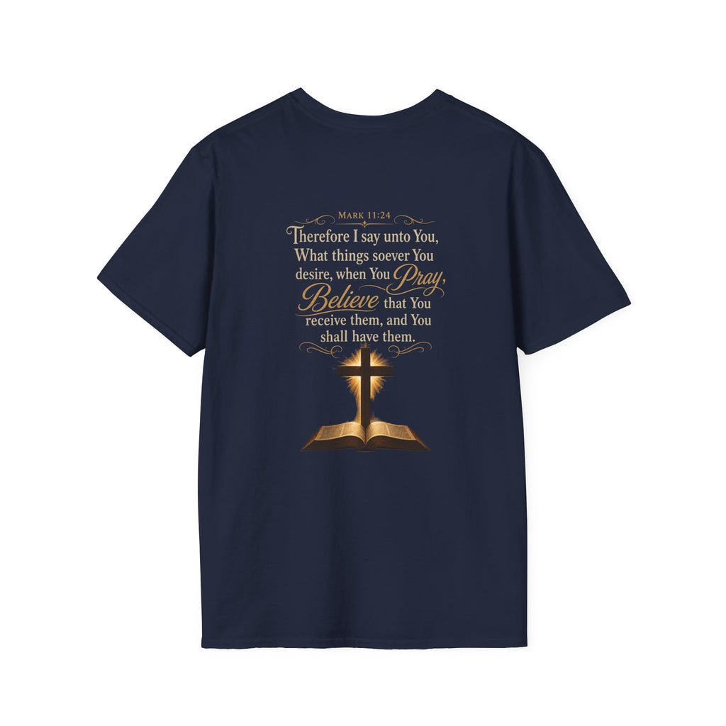 Prayer is  Power T-Shirt — Bible Verse Mark 11:24 on back of shirt