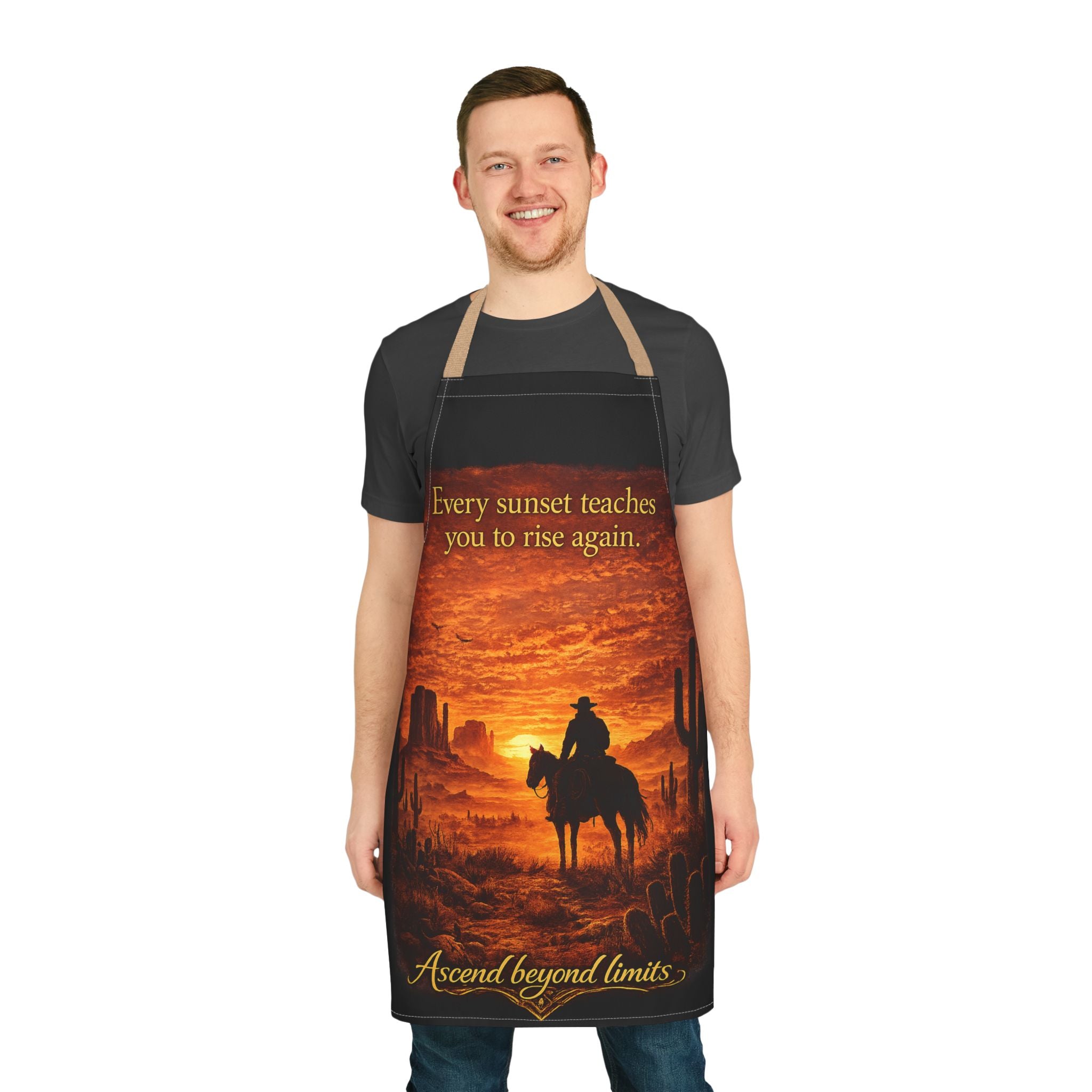 Cowboy Sunset Apron — "Every sunset teaches you to rise again" Kitchen Apron