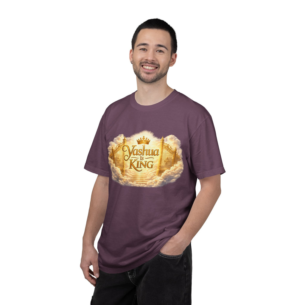 Yashua Is King T‑Shirt — Heavenly Gold Faith Tee (Back: "Ascend beyond limits")