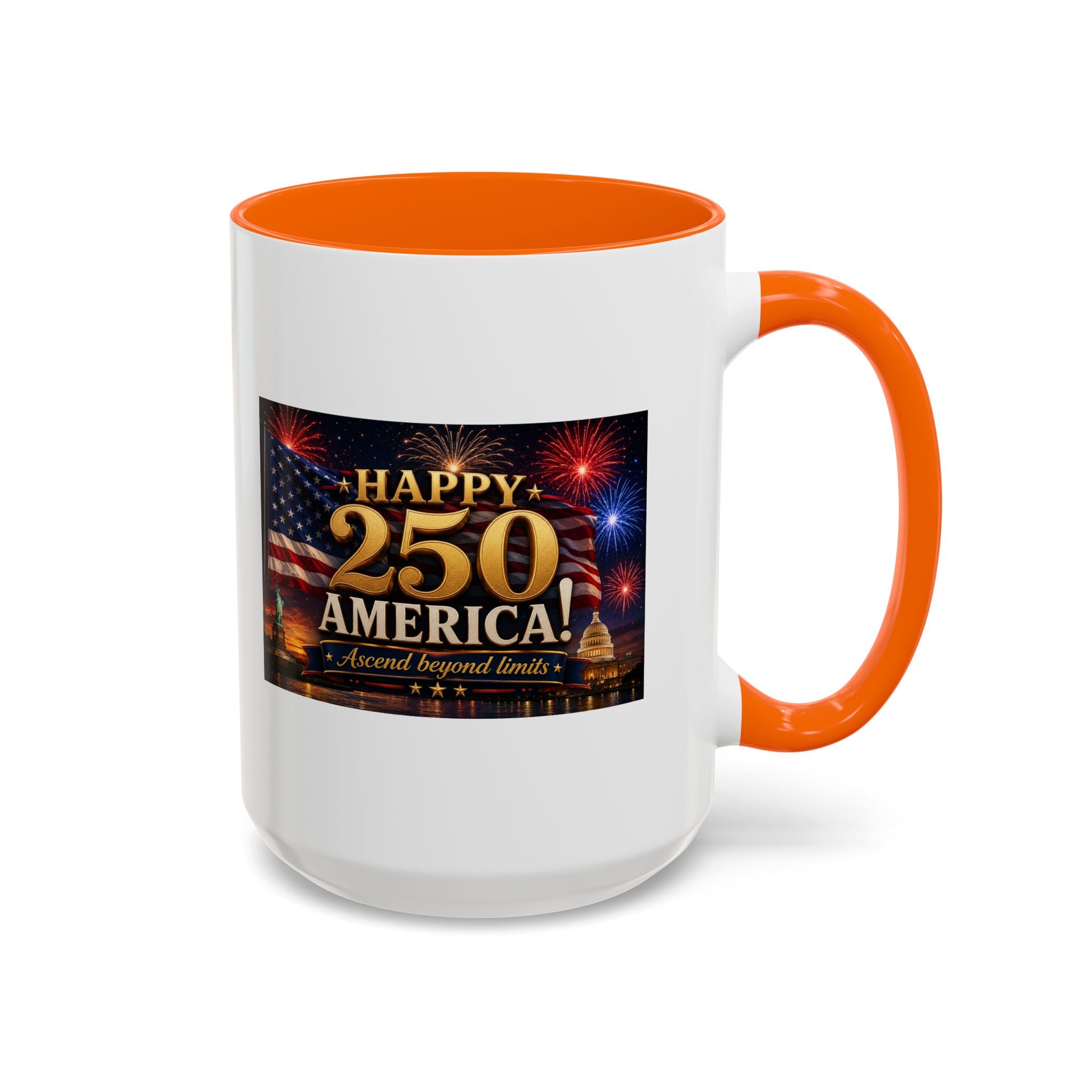 Happy 250 America Accent Coffee Mug — Patriotic Fireworks & Flag 11/15oz