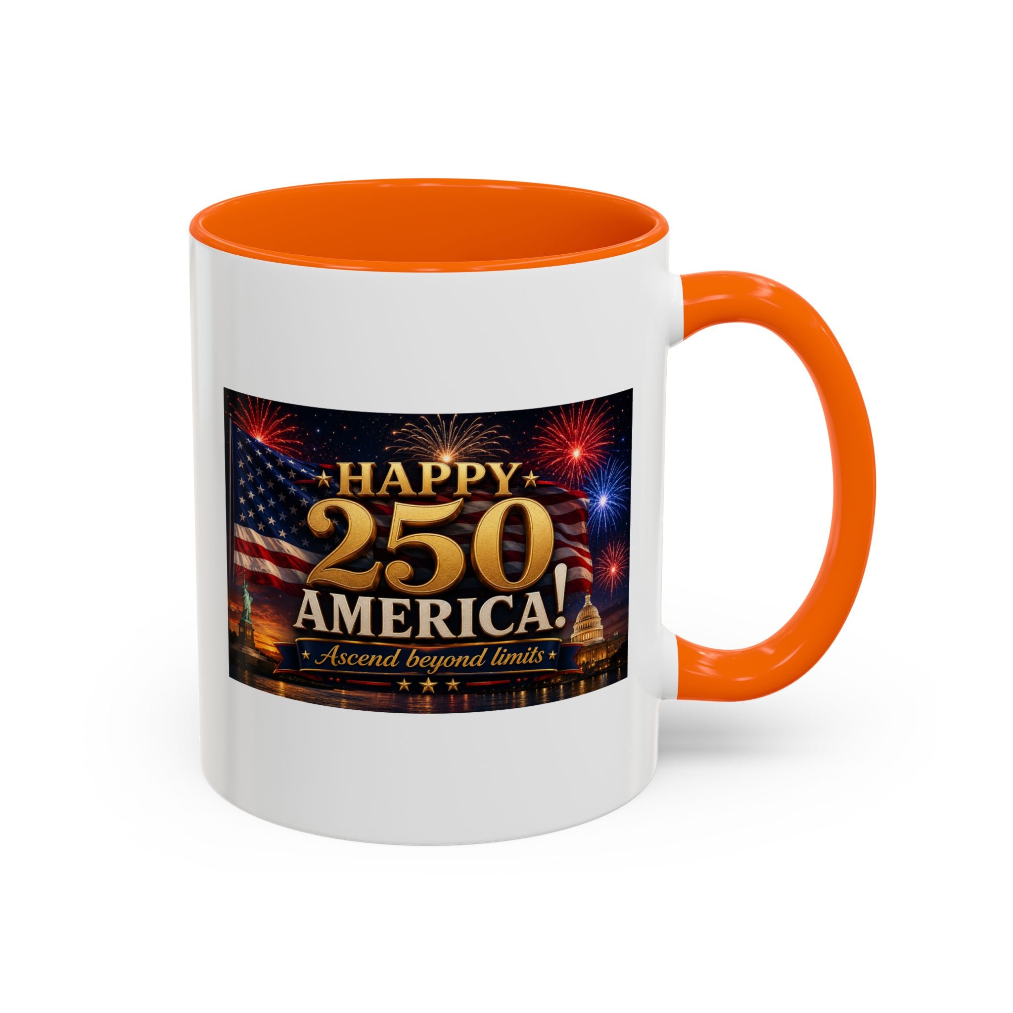 Happy 250 America Accent Coffee Mug — Patriotic Fireworks & Flag 11/15oz