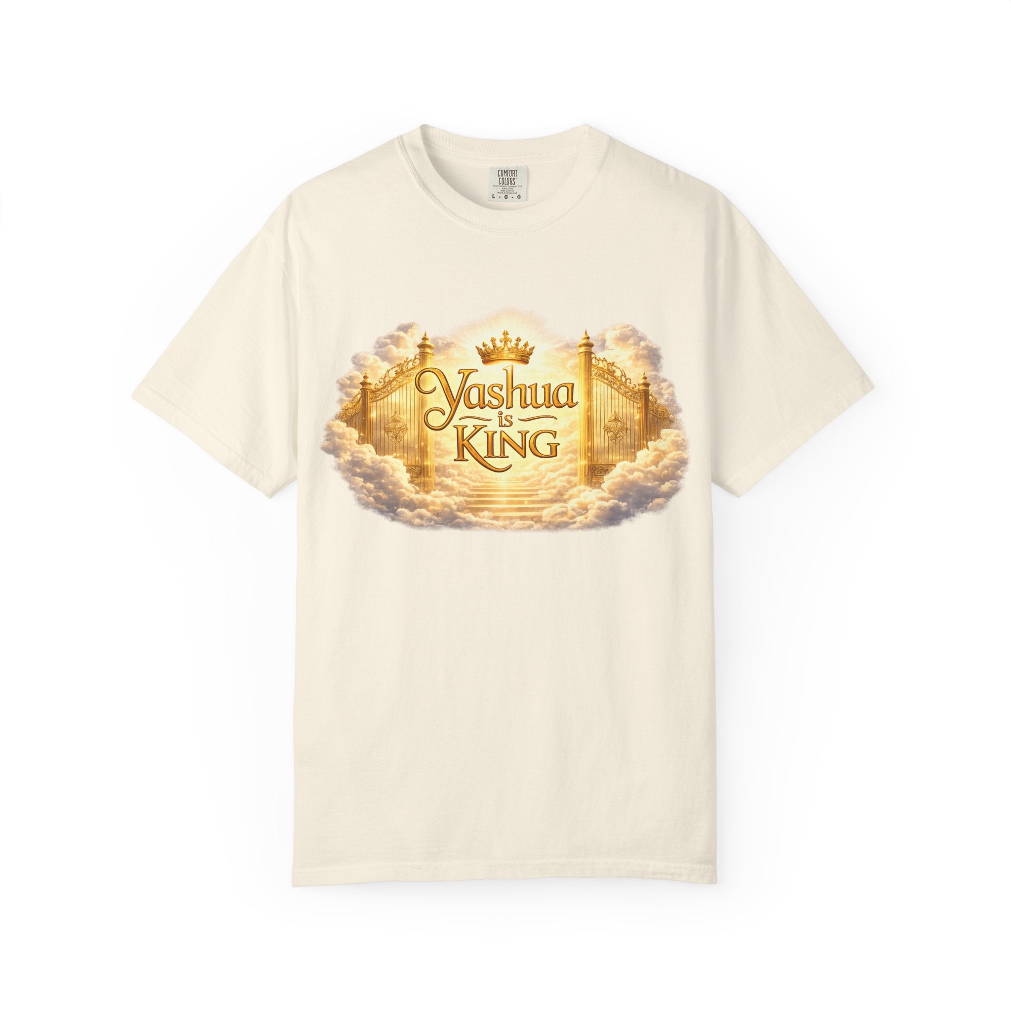 Yashua Is King T‑Shirt — Heavenly Gold Faith Tee (Back: "Ascend beyond limits")