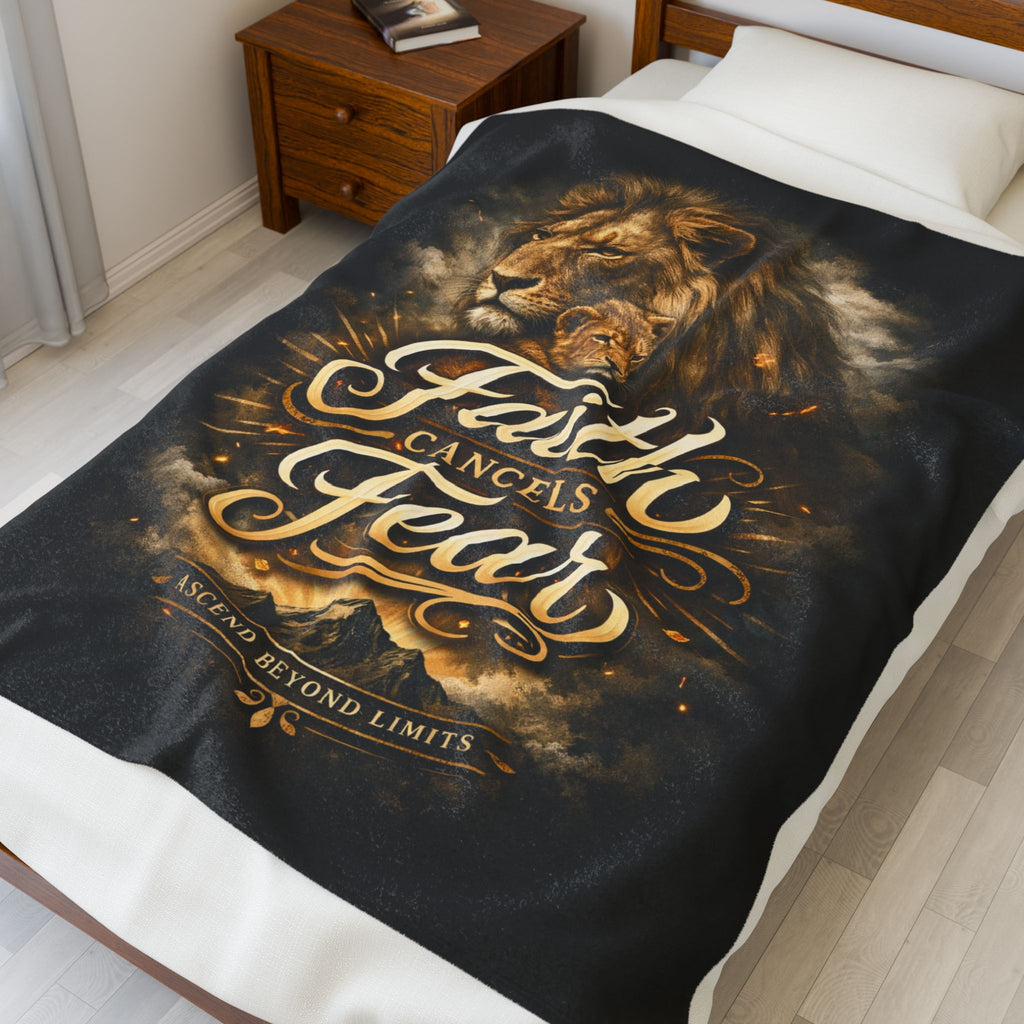 Faith Cancels Fear Velveteen Plush Blanket – Inspirational Lion Design