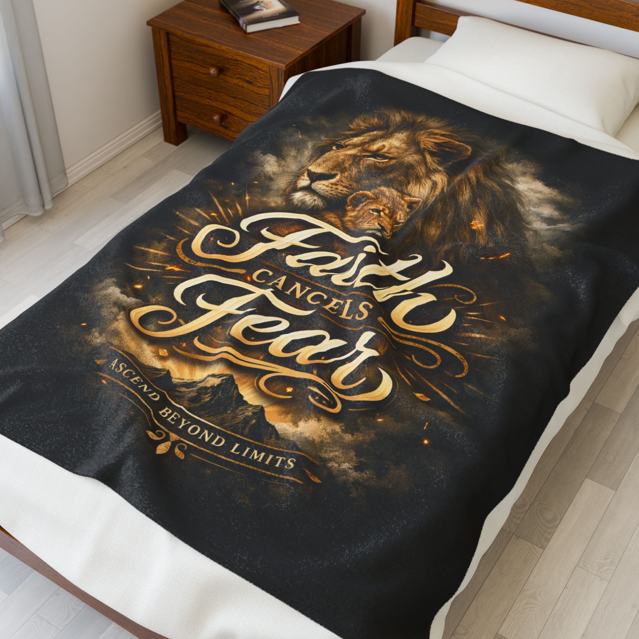 Faith Cancels Fear Velveteen Plush Blanket – Inspirational Lion Design
