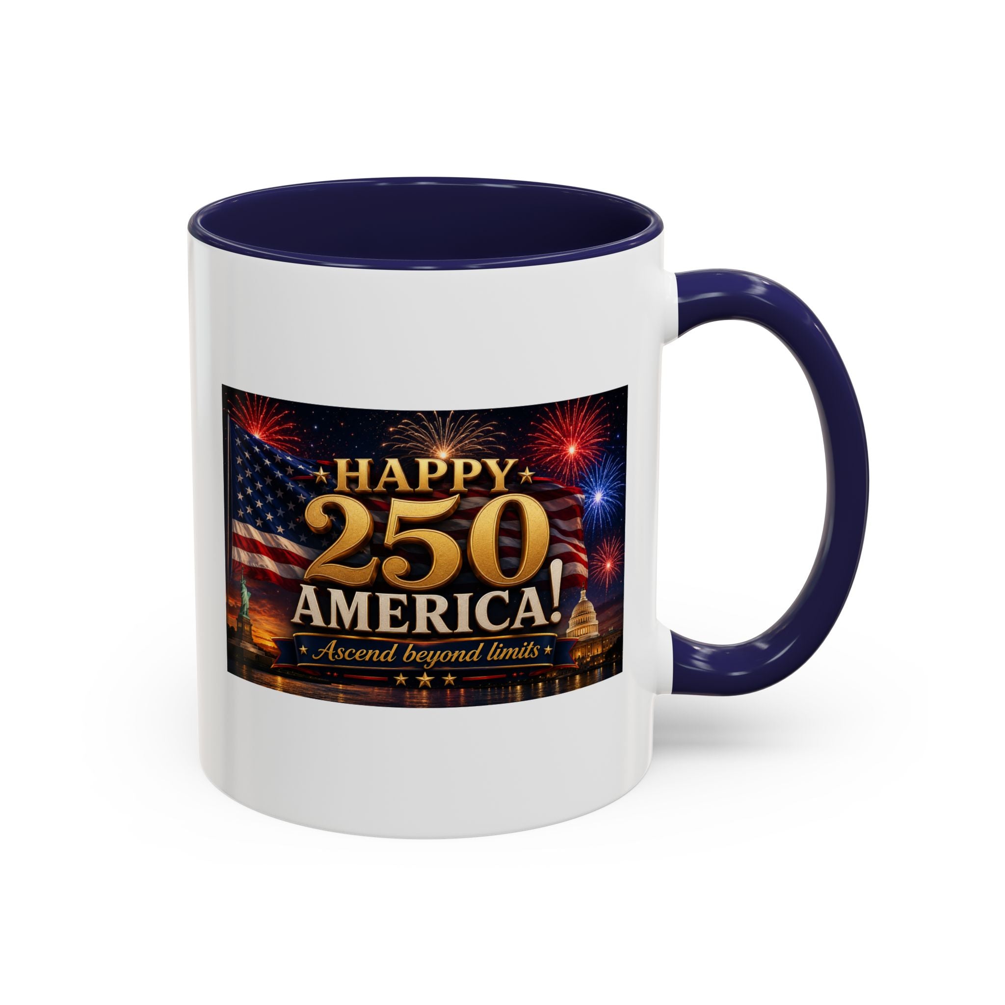 Happy 250 America Accent Coffee Mug — Patriotic Fireworks & Flag 11/15oz