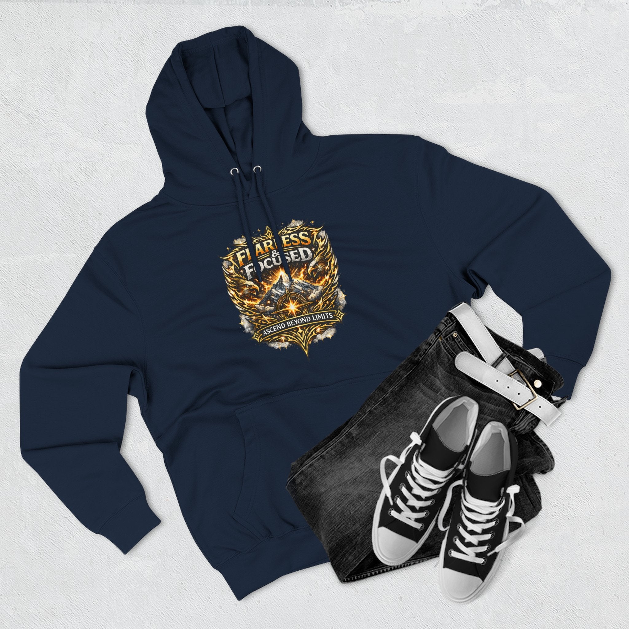 Fearless & Focused Shield Hoodie — Motivational Graphic Pullover