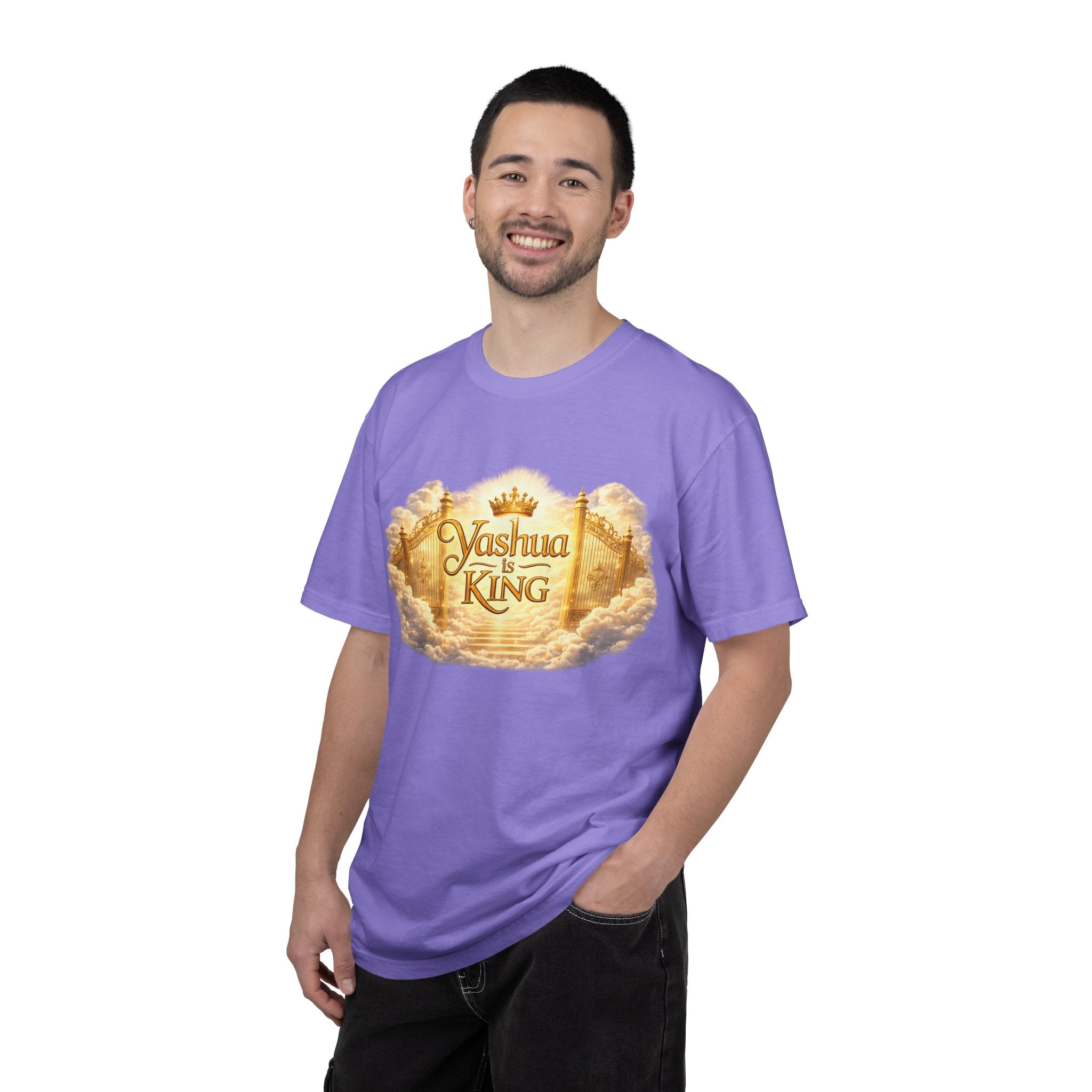 Yashua Is King T‑Shirt — Heavenly Gold Faith Tee (Back: "Ascend beyond limits")