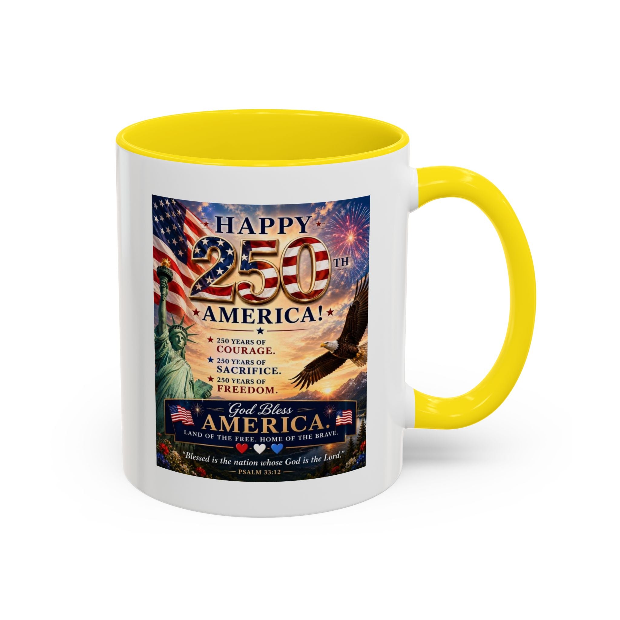 Happy 250th America Coffee Mug — Patriotic Statue of Liberty & Eagle 4th of July Gift