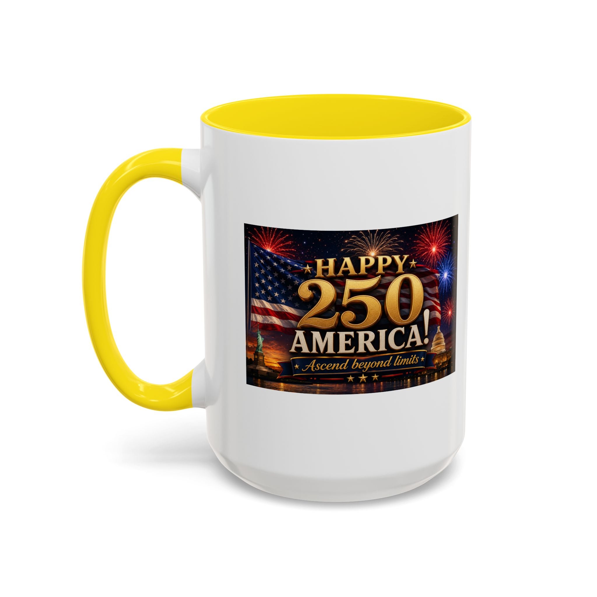 Happy 250 America Accent Coffee Mug — Patriotic Fireworks & Flag 11/15oz