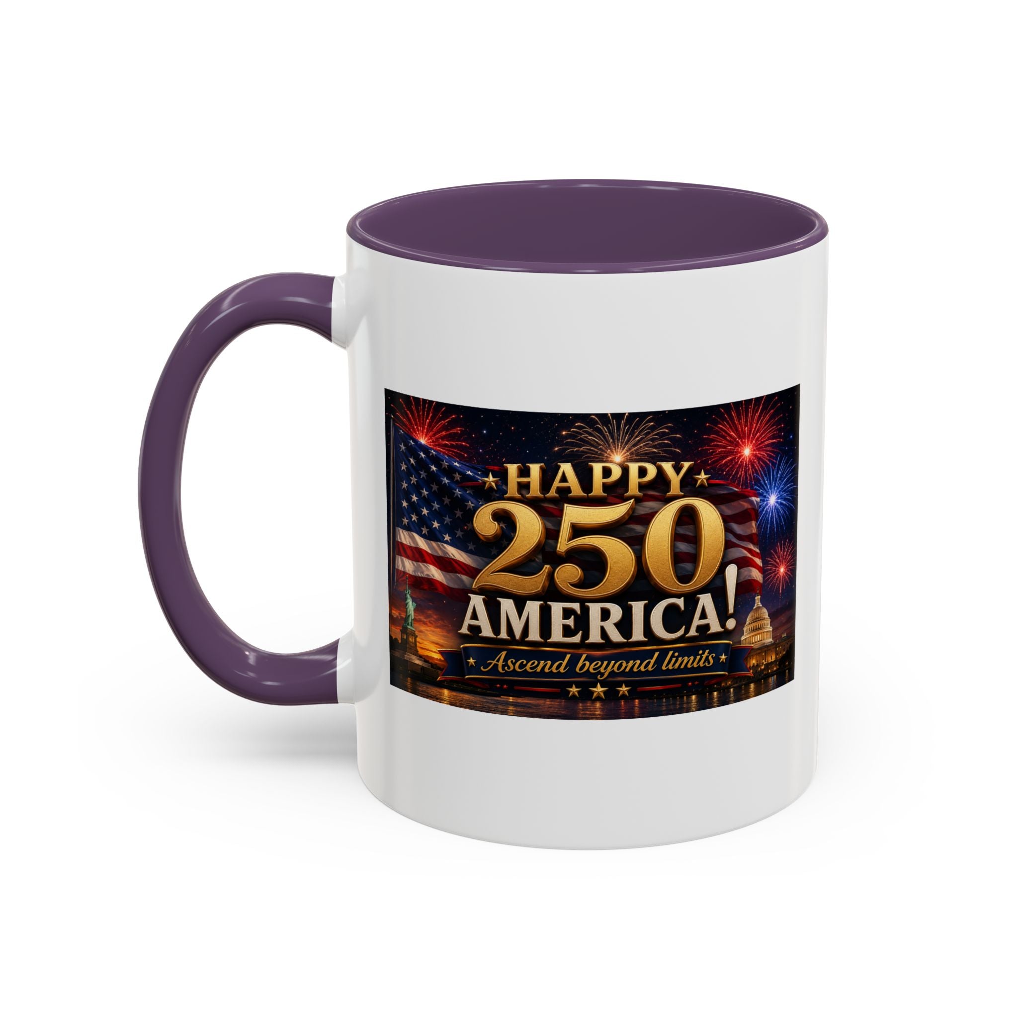 Happy 250 America Accent Coffee Mug — Patriotic Fireworks & Flag 11/15oz