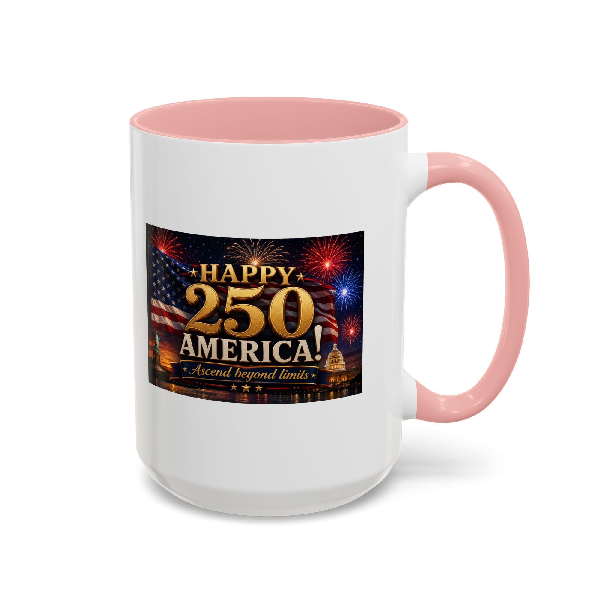 Happy 250 America Accent Coffee Mug — Patriotic Fireworks & Flag 11/15oz