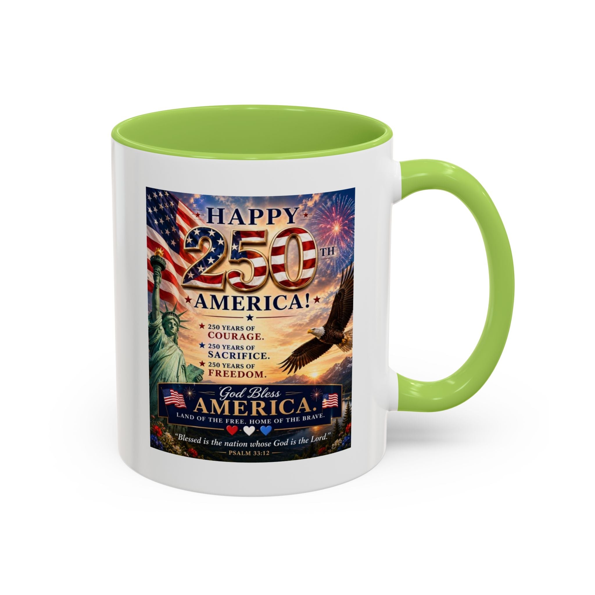 Happy 250th America Coffee Mug — Patriotic Statue of Liberty & Eagle 4th of July Gift