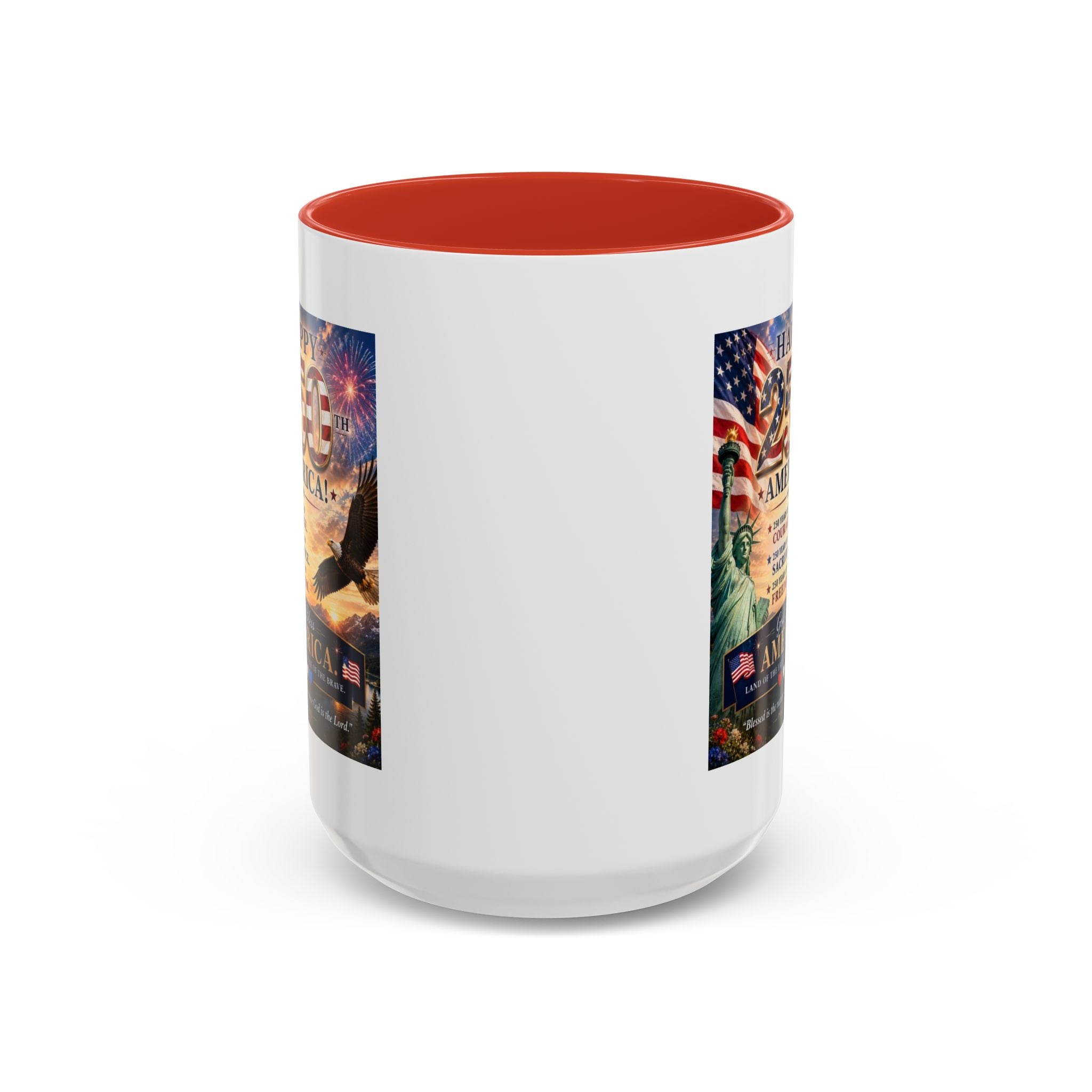 Happy 250th America Coffee Mug — Patriotic Statue of Liberty & Eagle 4th of July Gift