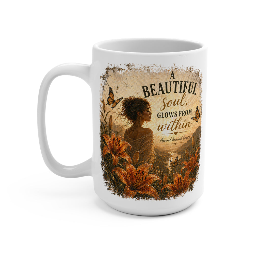 Inspirational 15oz Mug — "A Beautiful Soul Glows From Within" Floral Design