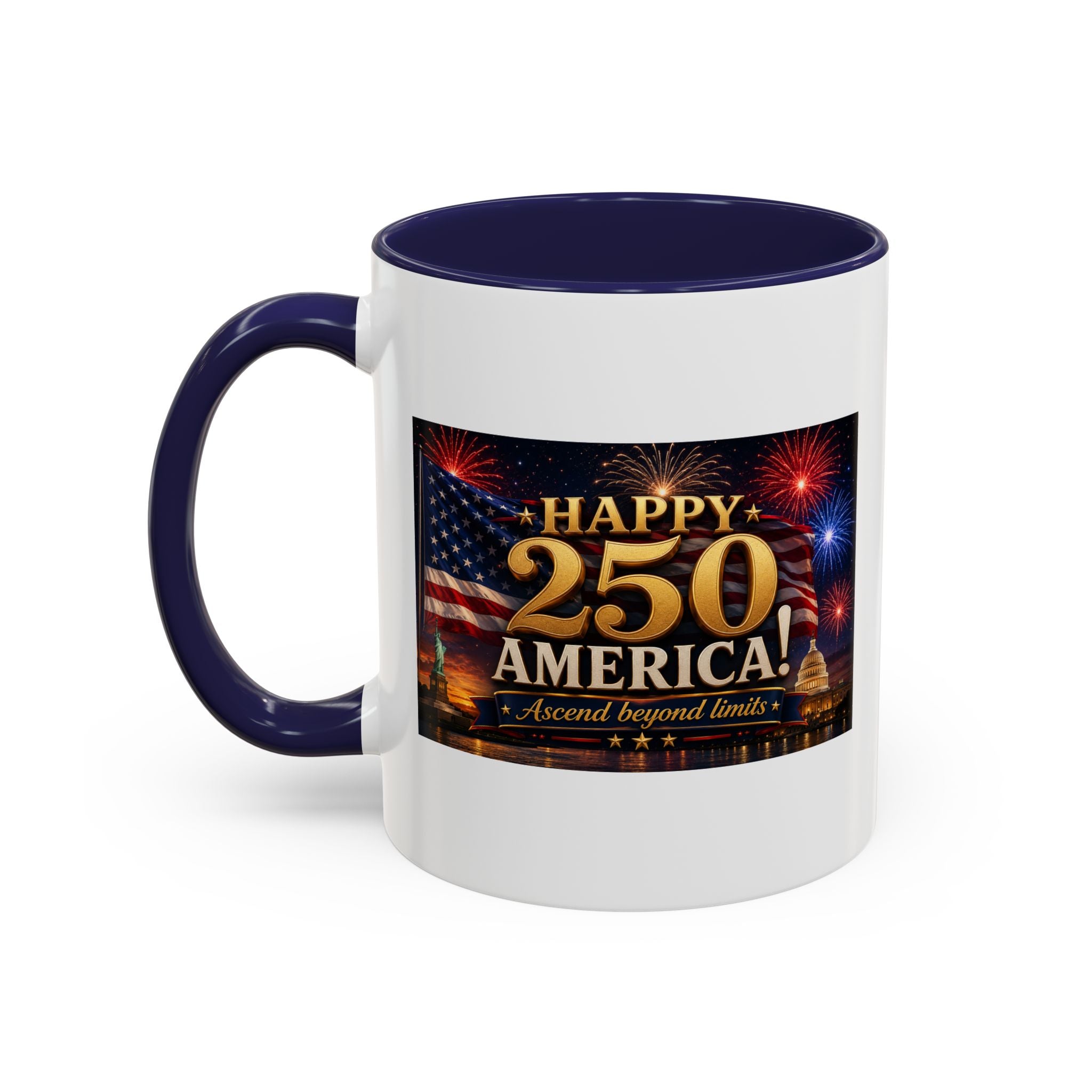 Happy 250 America Accent Coffee Mug — Patriotic Fireworks & Flag 11/15oz