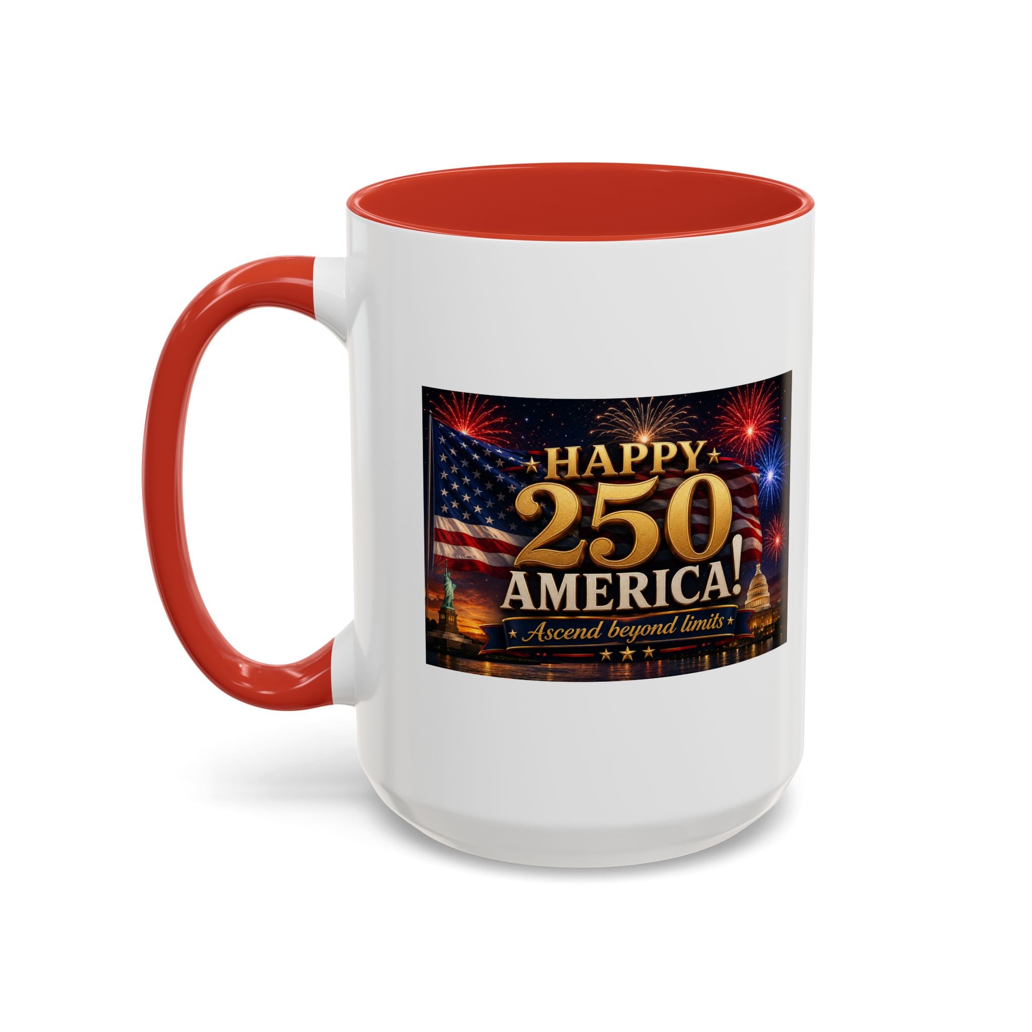 Happy 250 America Accent Coffee Mug — Patriotic Fireworks & Flag 11/15oz