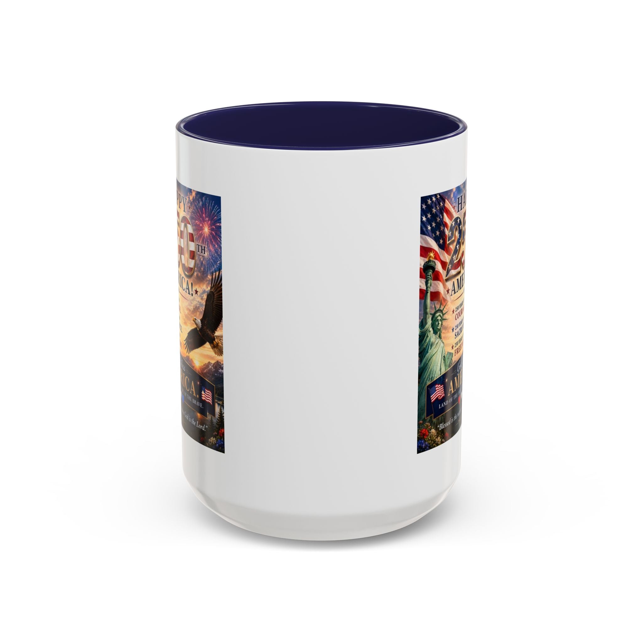 Happy 250th America Coffee Mug — Patriotic Statue of Liberty & Eagle 4th of July Gift