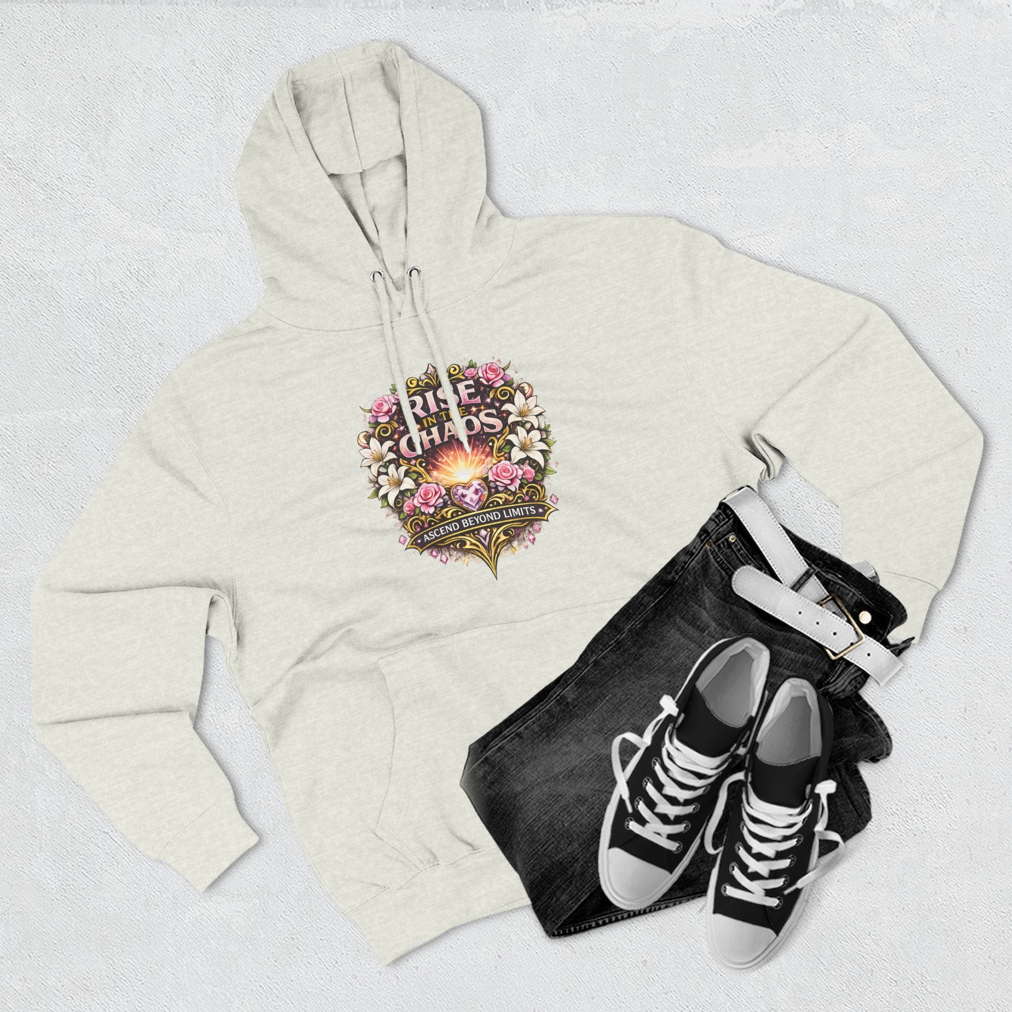 Floral 'Rise from Chaos' Hoodie — Vintage Crest Graphic Pullover