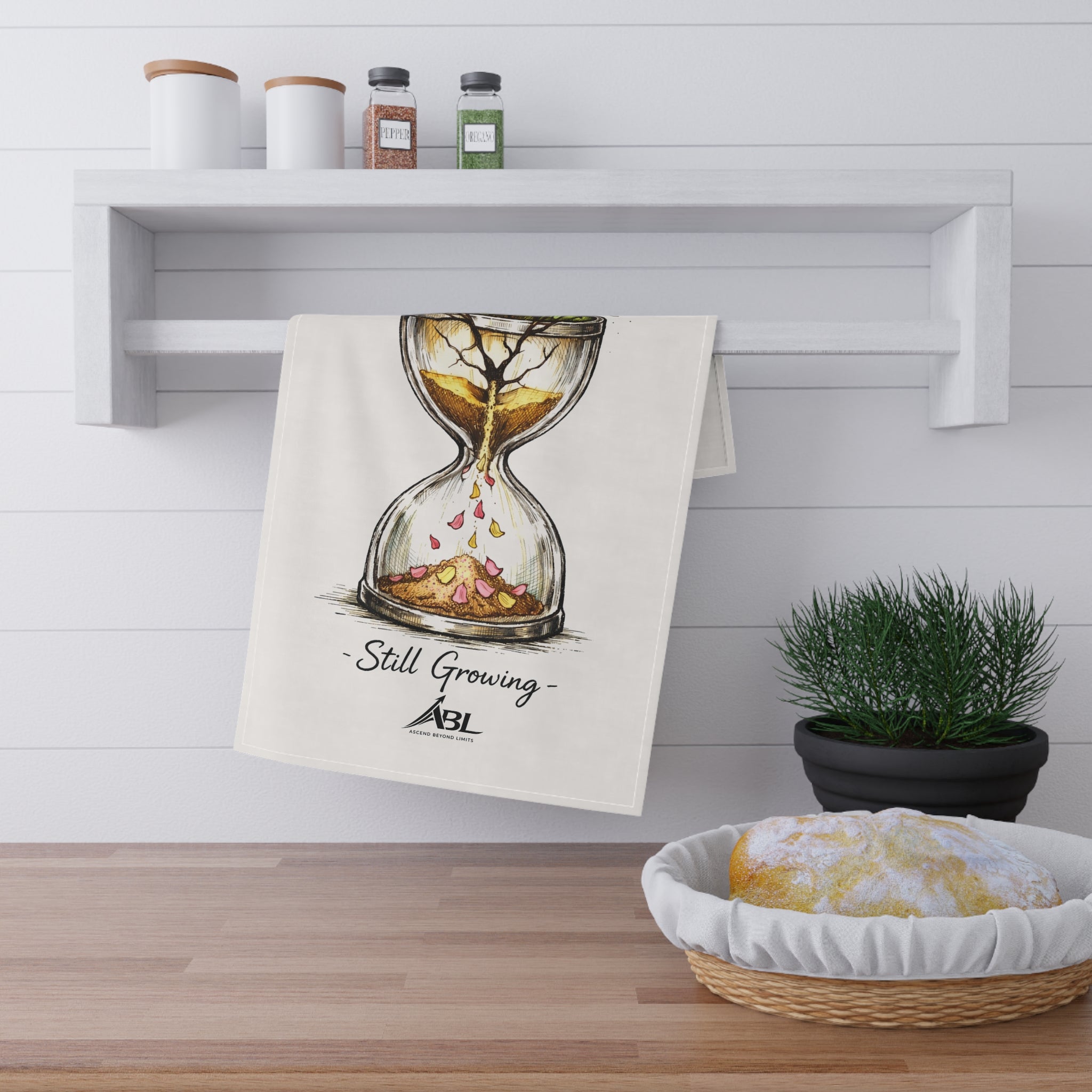 Still Growing Hourglass Tea Towel — Floral Kitchen Towel with 'Still Growing' Design