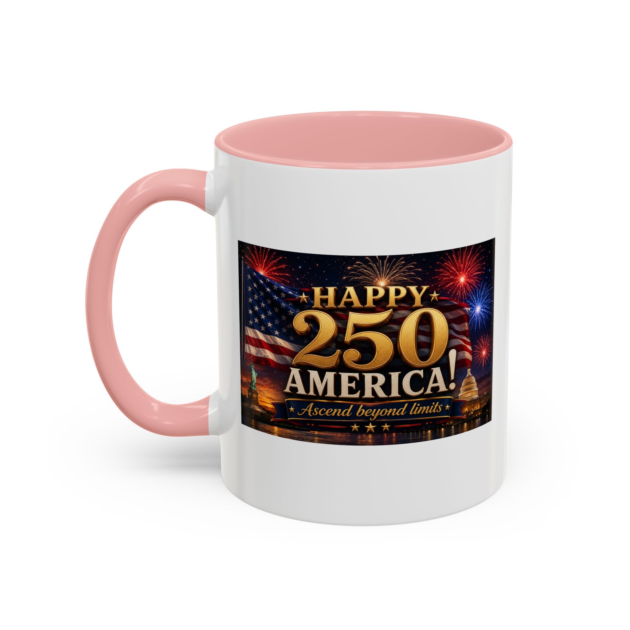 Happy 250 America Accent Coffee Mug — Patriotic Fireworks & Flag 11/15oz