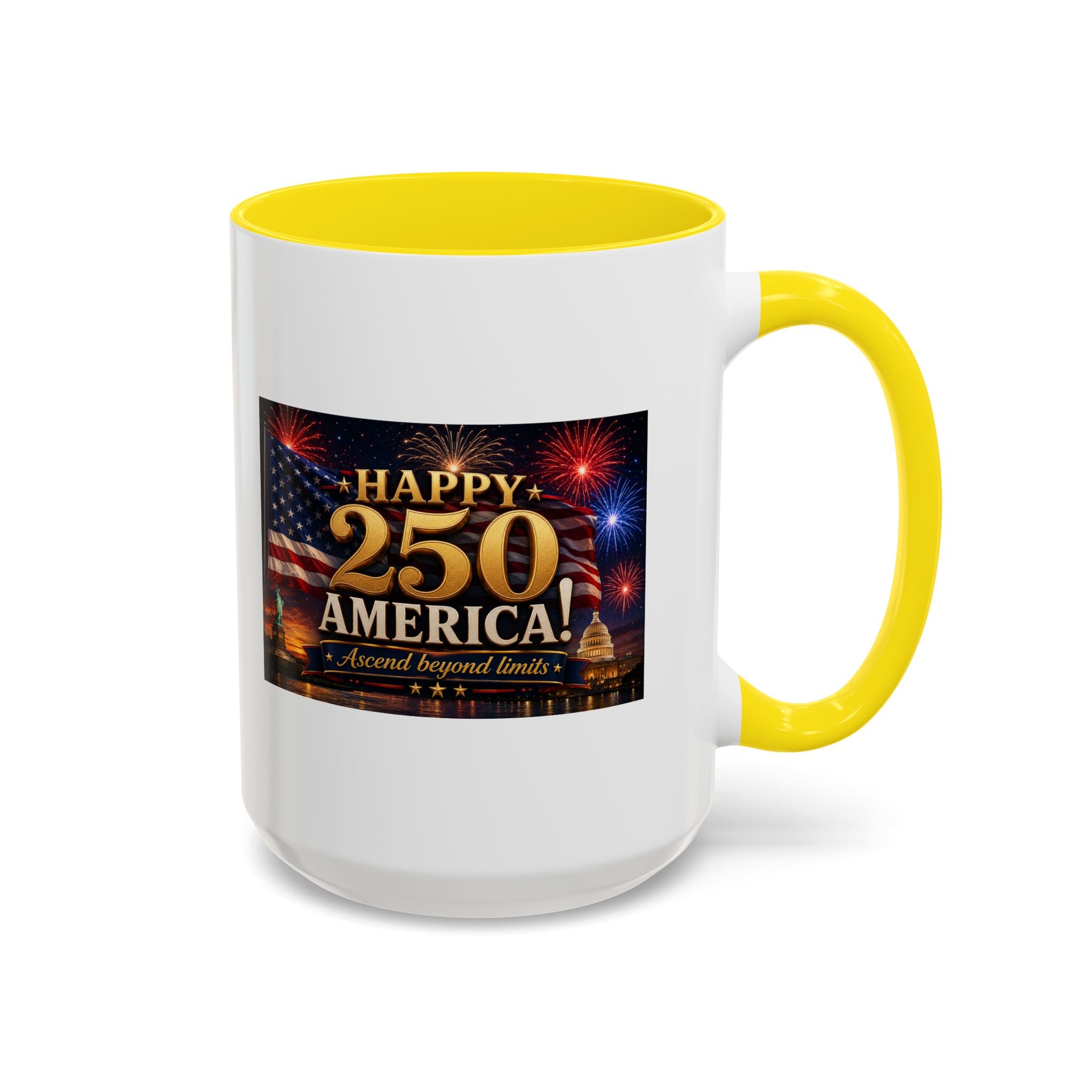 Happy 250 America Accent Coffee Mug — Patriotic Fireworks & Flag 11/15oz