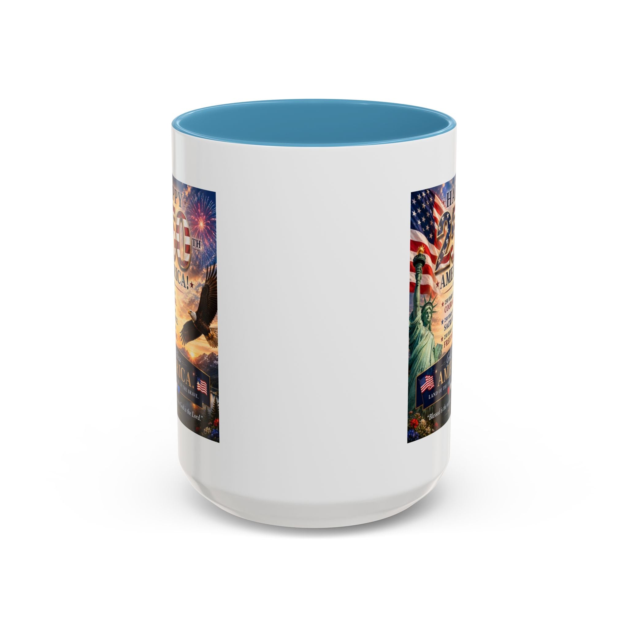 Happy 250th America Coffee Mug — Patriotic Statue of Liberty & Eagle 4th of July Gift
