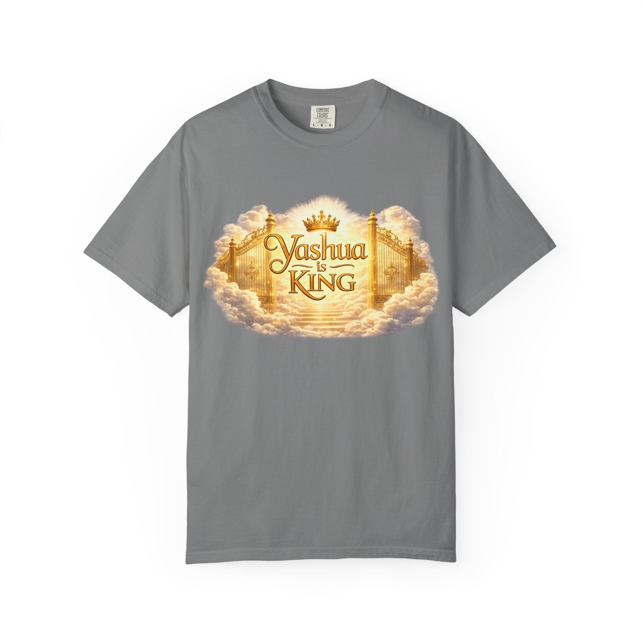 Yashua Is King T‑Shirt — Heavenly Gold Faith Tee (Back: "Ascend beyond limits")