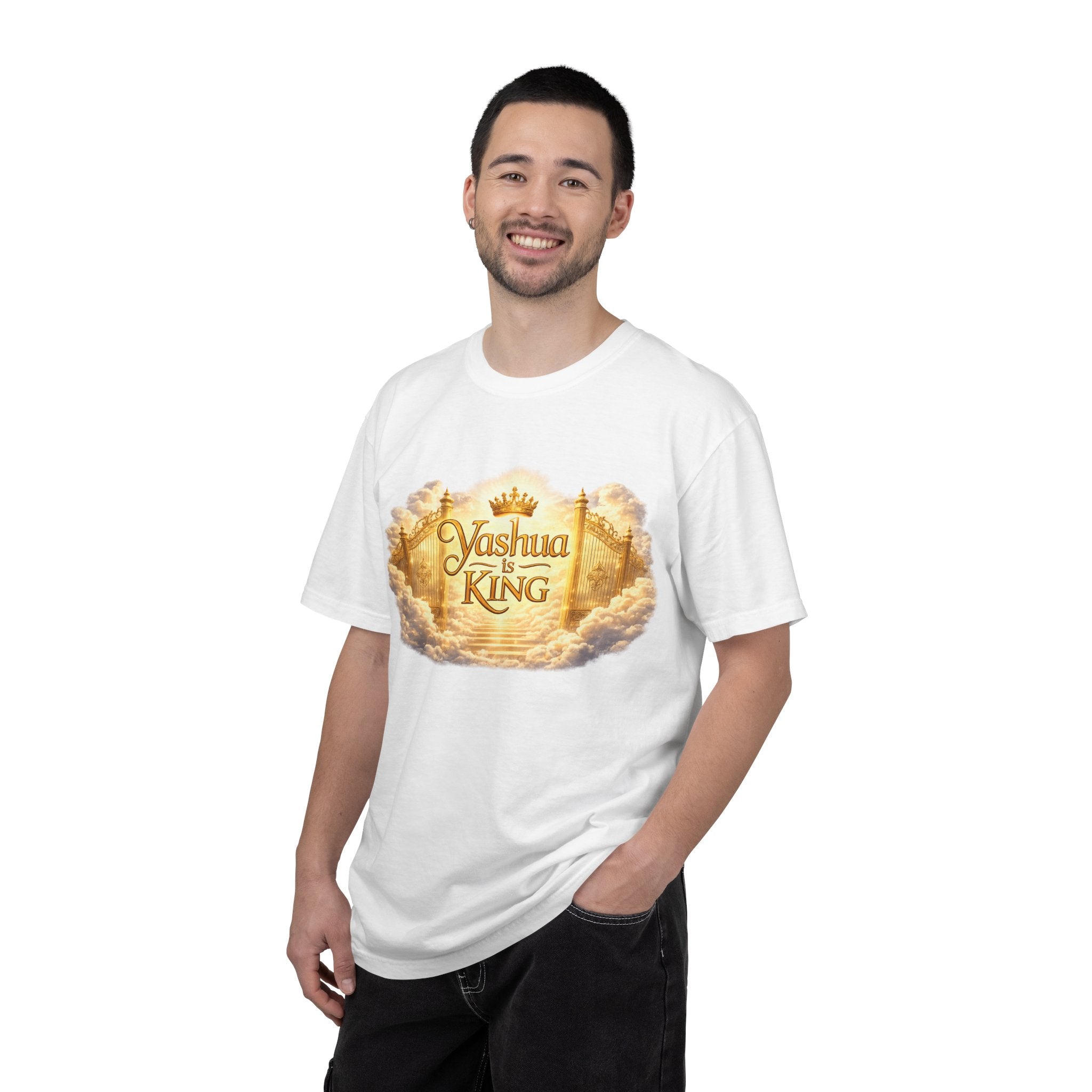 Yashua Is King T‑Shirt — Heavenly Gold Faith Tee (Back: "Ascend beyond limits")