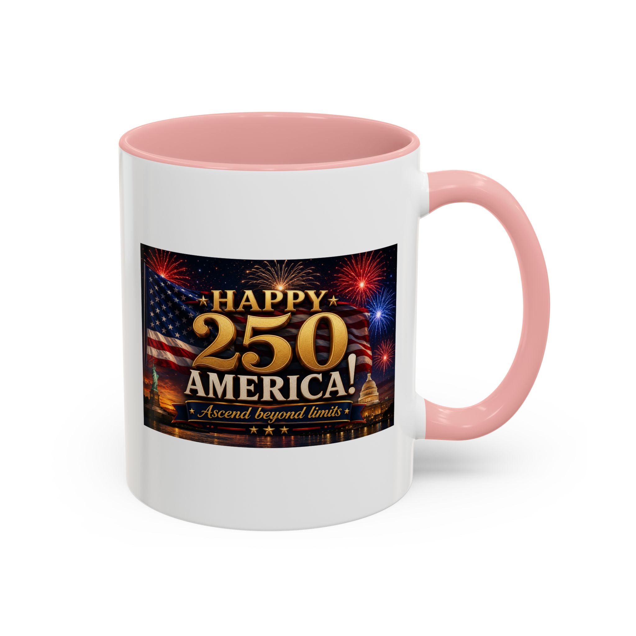 Happy 250 America Accent Coffee Mug — Patriotic Fireworks & Flag 11/15oz