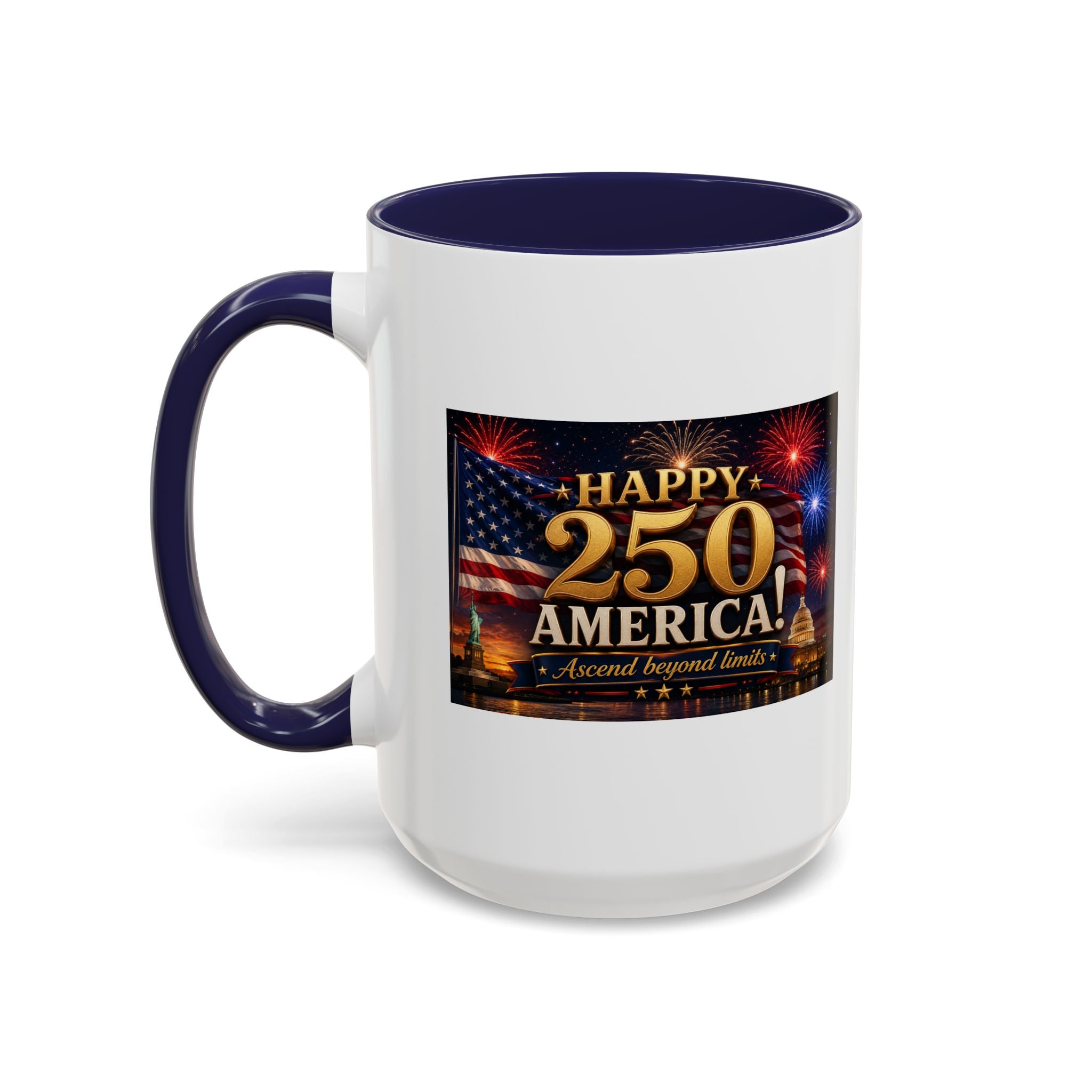 Happy 250 America Accent Coffee Mug — Patriotic Fireworks & Flag 11/15oz