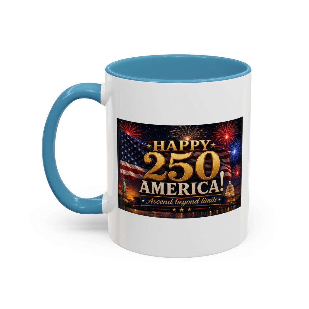 Happy 250 America Accent Coffee Mug — Patriotic Fireworks & Flag 11/15oz