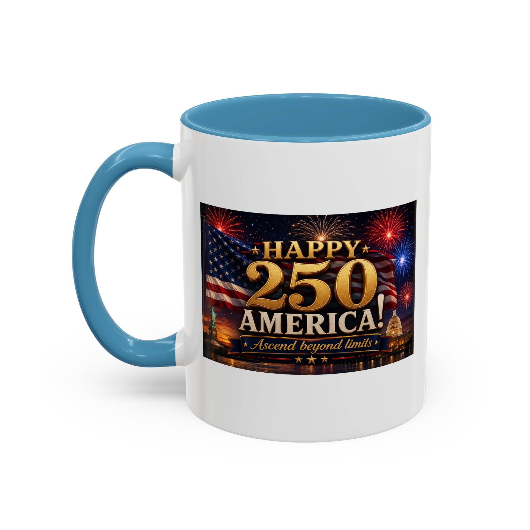 Happy 250 America Accent Coffee Mug — Patriotic Fireworks & Flag 11/15oz