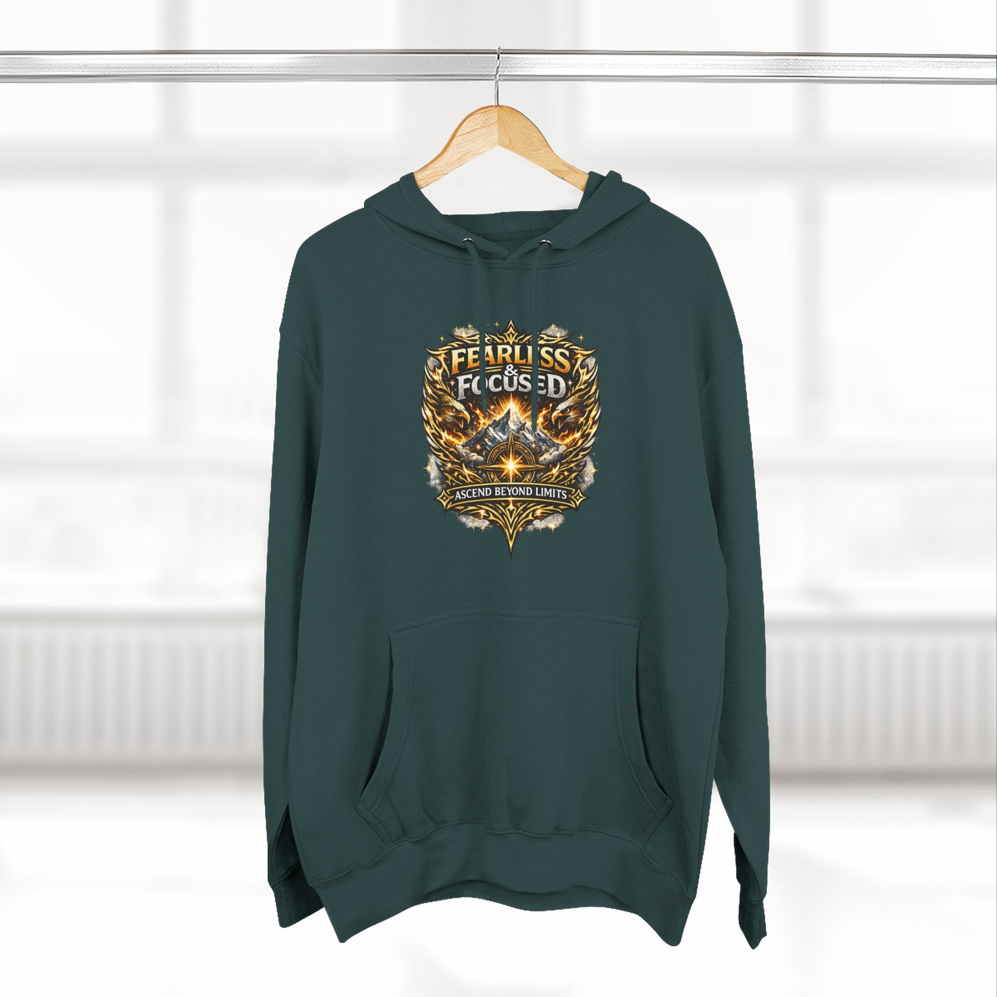 Fearless & Focused Shield Hoodie — Motivational Graphic Pullover