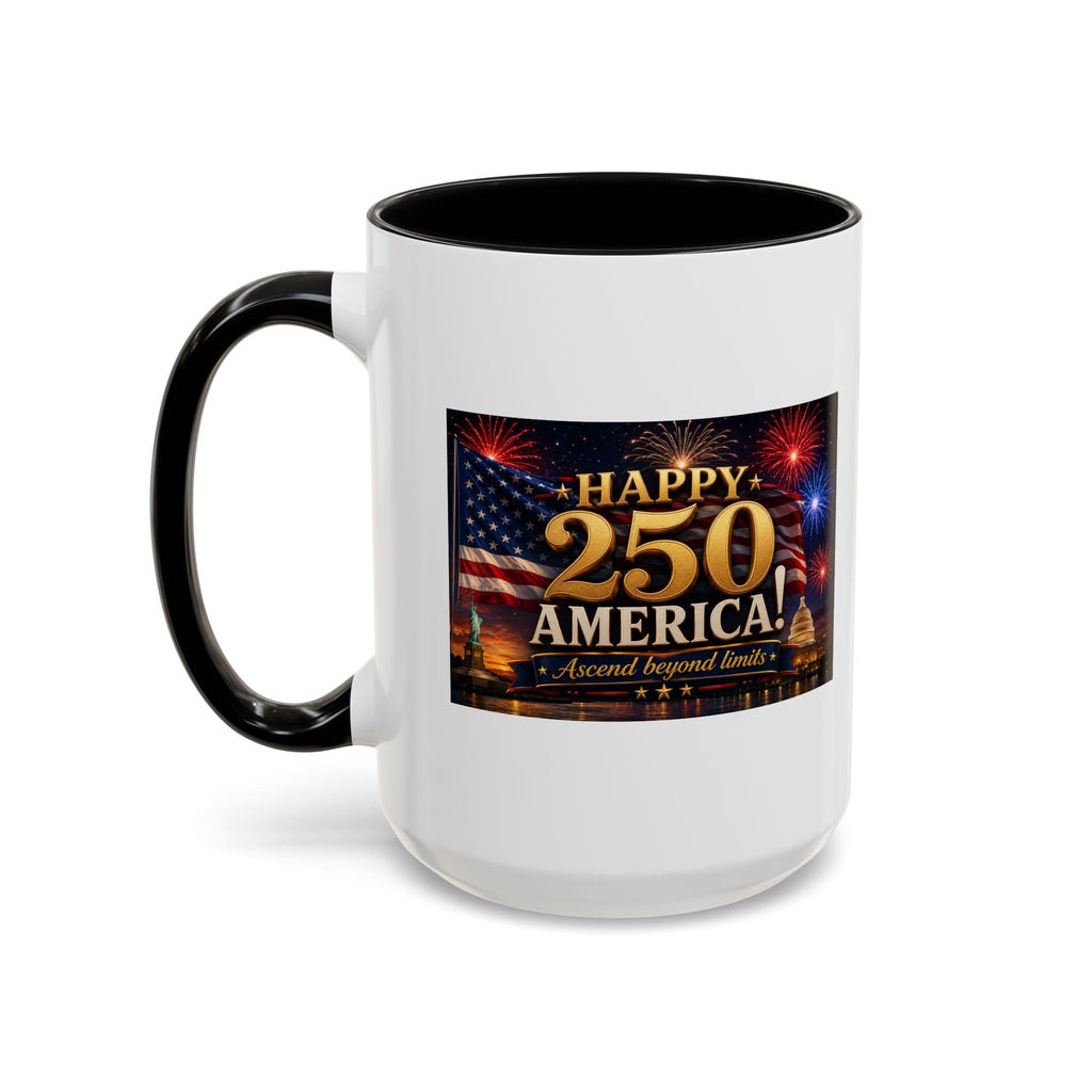 Happy 250 America Accent Coffee Mug — Patriotic Fireworks & Flag 11/15oz
