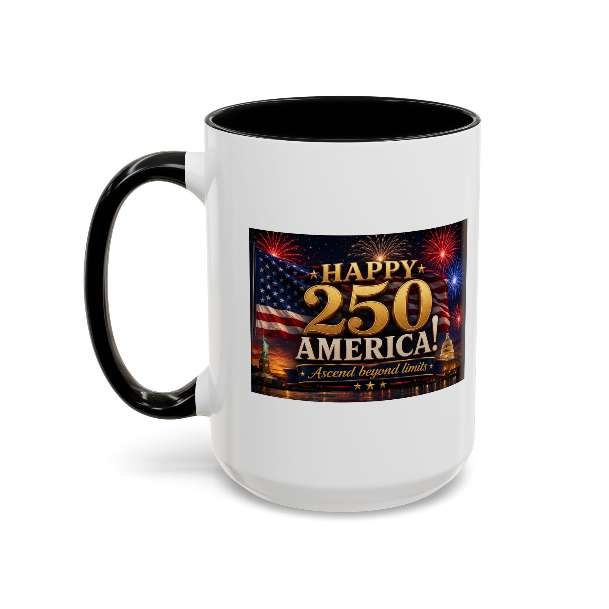 Happy 250 America Accent Coffee Mug — Patriotic Fireworks & Flag 11/15oz