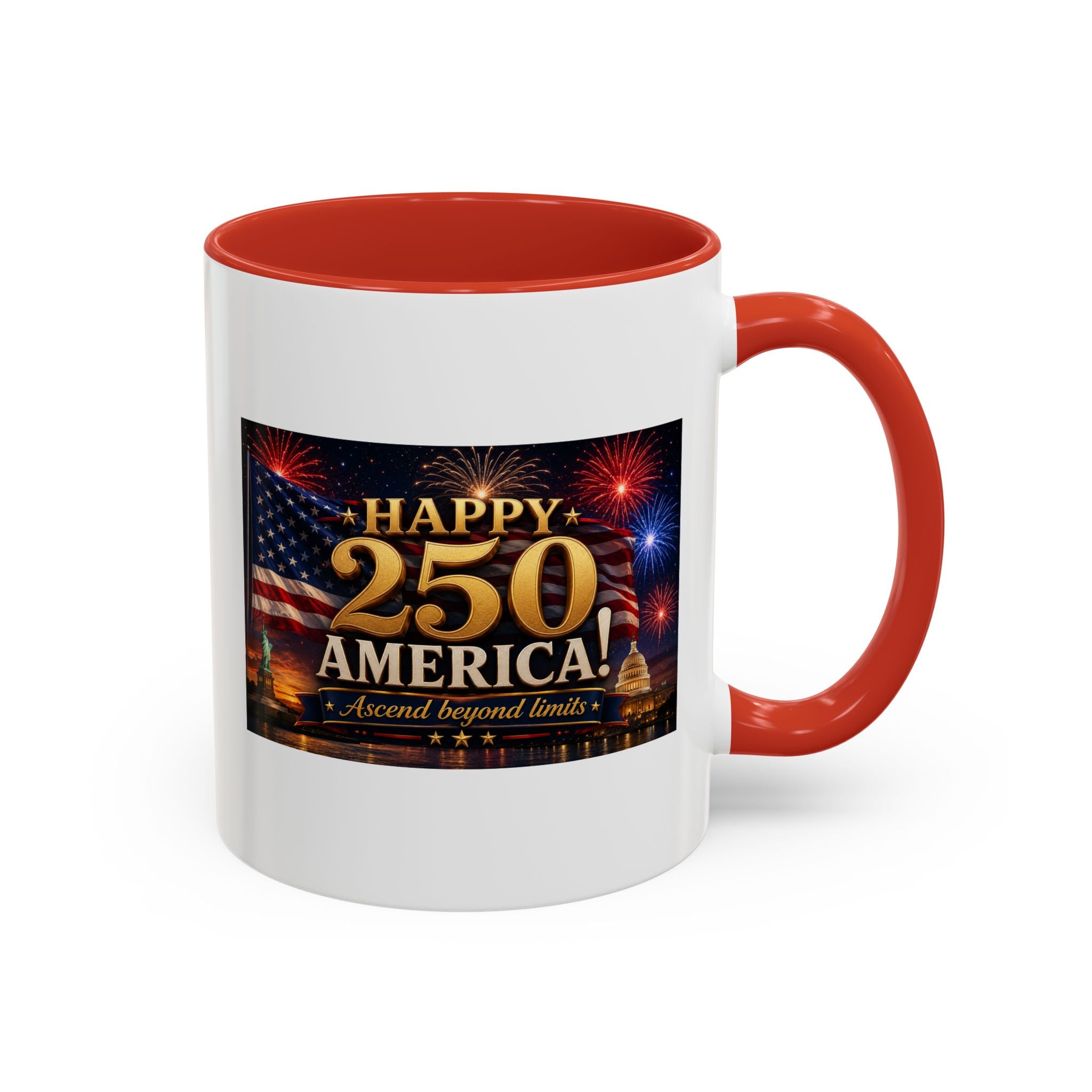 Happy 250 America Accent Coffee Mug — Patriotic Fireworks & Flag 11/15oz