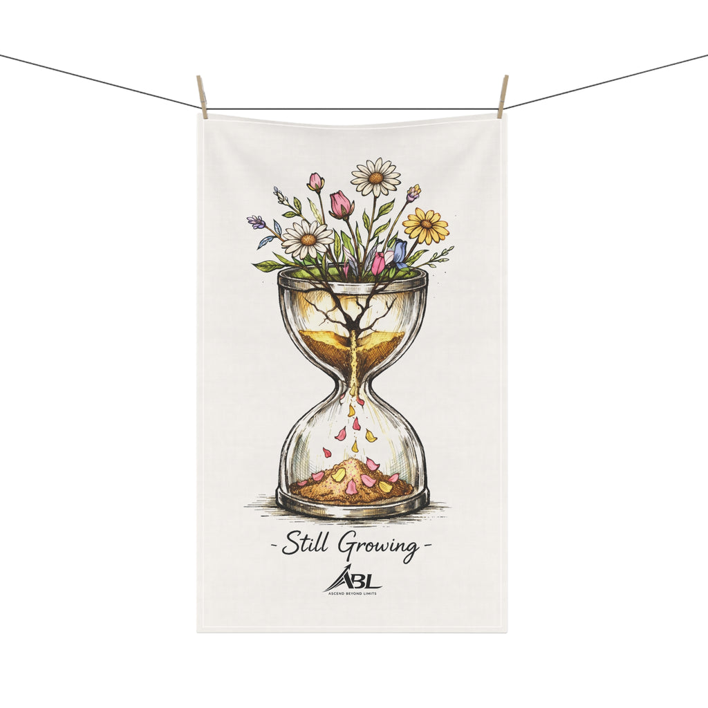 Still Growing Hourglass Tea Towel — Floral Kitchen Towel with 'Still Growing' Design