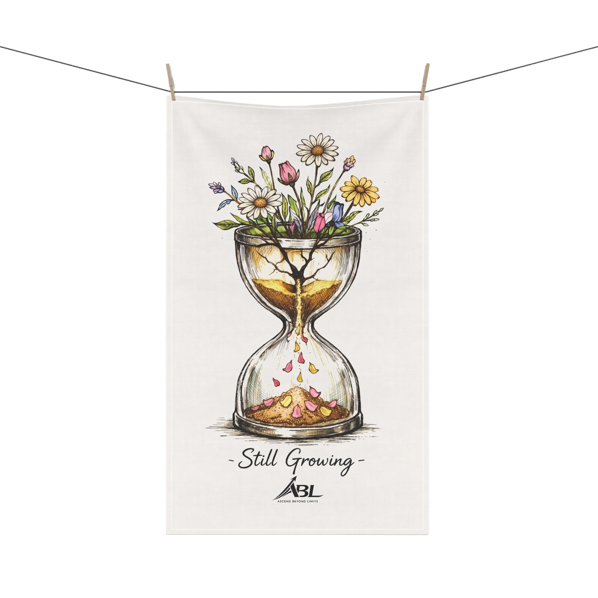 Still Growing Hourglass Tea Towel — Floral Kitchen Towel with 'Still Growing' Design