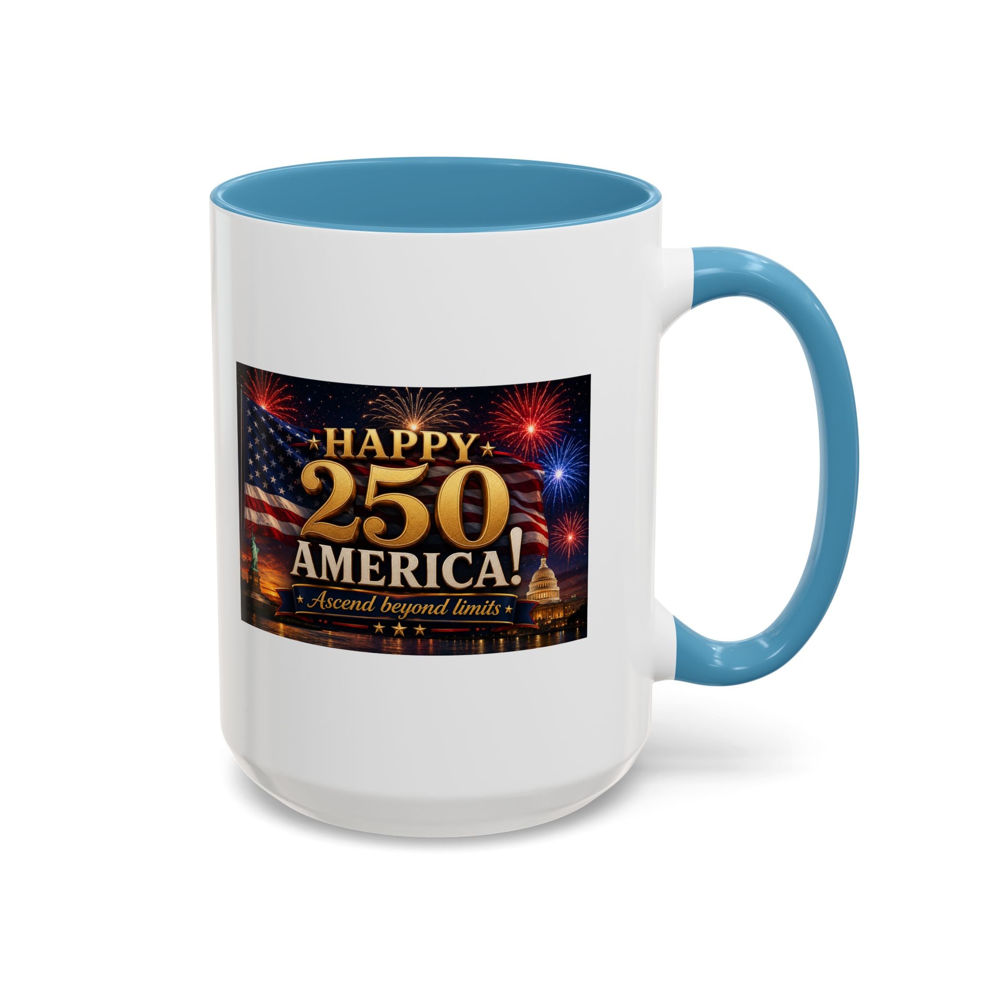 Happy 250 America Accent Coffee Mug — Patriotic Fireworks & Flag 11/15oz