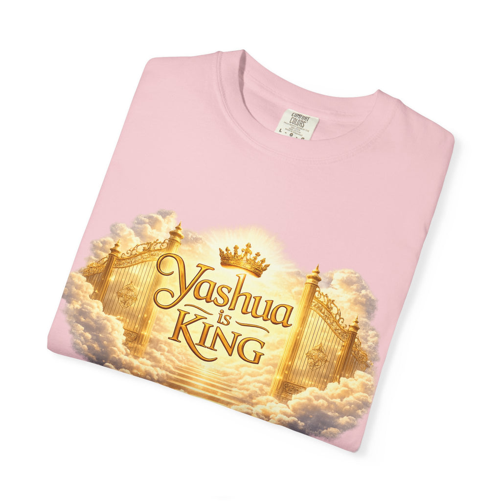 Yashua Is King T‑Shirt — Heavenly Gold Faith Tee (Back: "Ascend beyond limits")