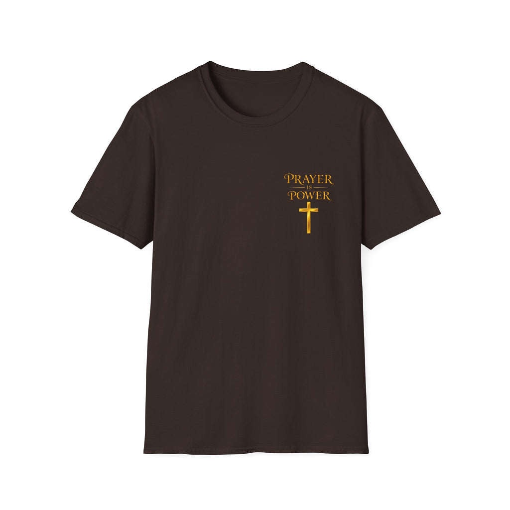 Prayer is  Power T-Shirt — Bible Verse Mark 11:24 on back of shirt