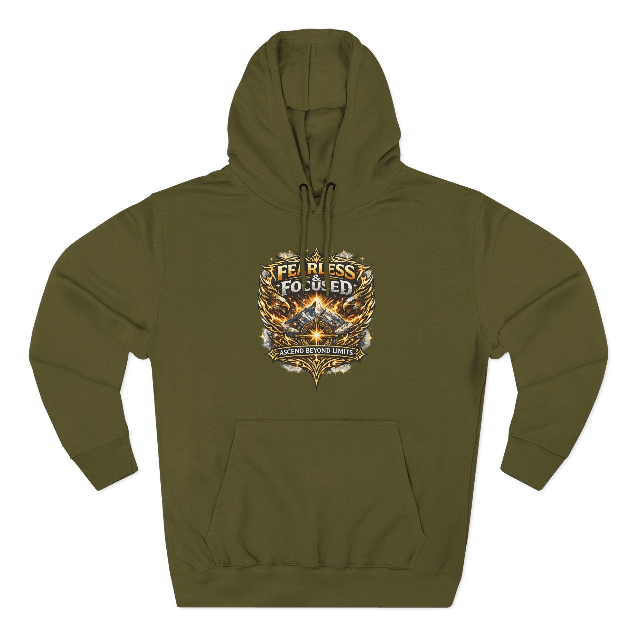 Fearless & Focused Shield Hoodie — Motivational Graphic Pullover