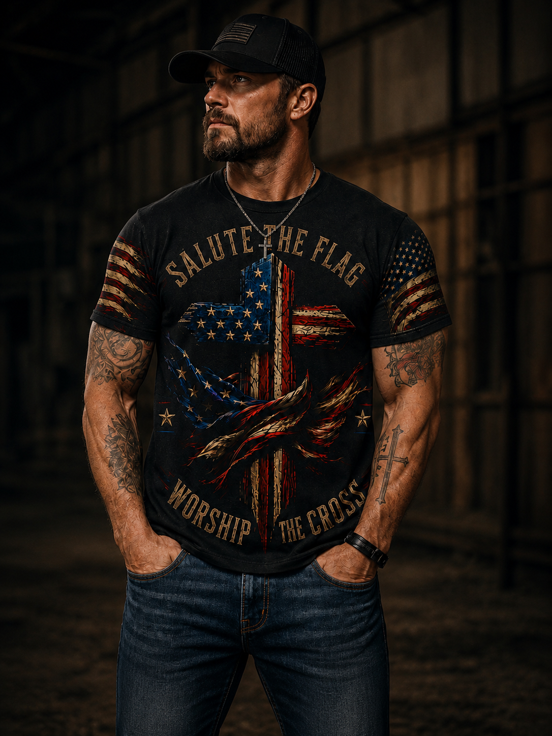 Patriotic Cross Tee – "Salute the Flag, Worship the Cross" All-Over Print